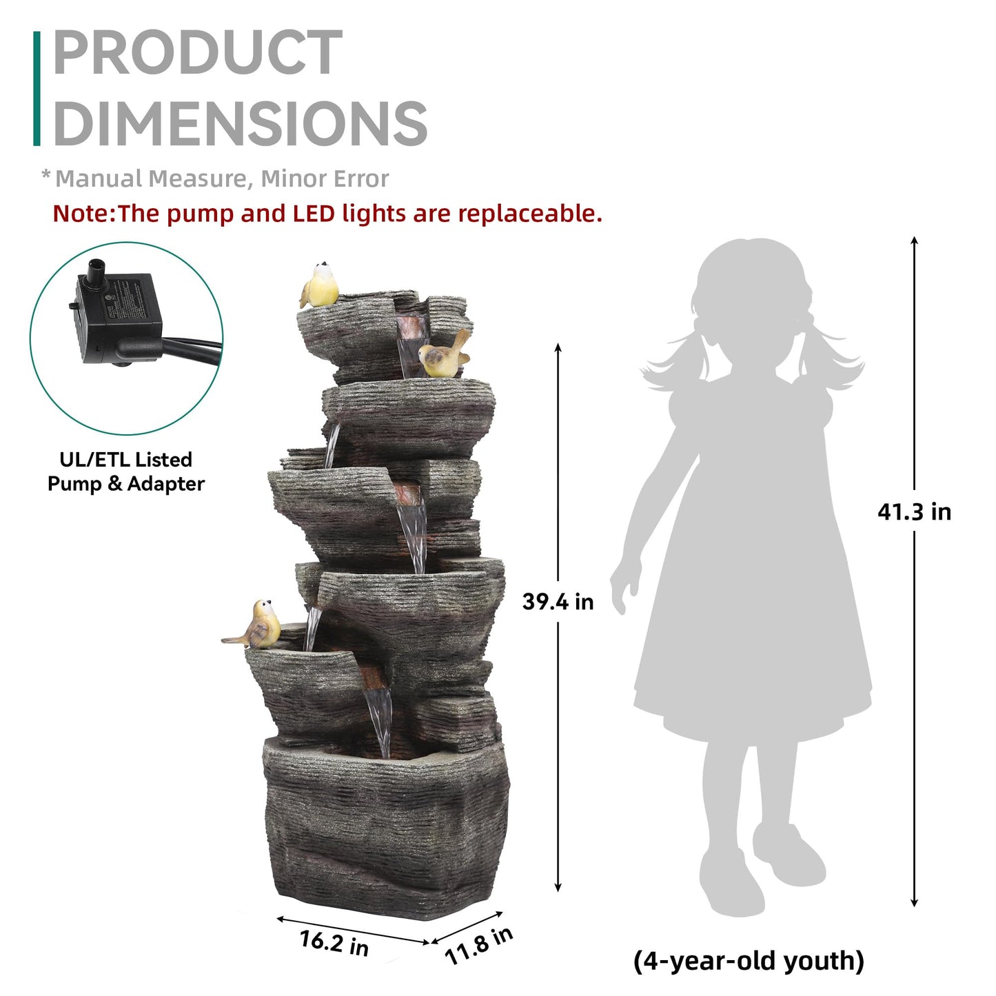 Ultym 40" H Extra-Large Rock Outdoor Water Fountain with LED Lights, 6-Tier Cascading Stone Waterfall with Birds for Garden Patio Porch, Weather-Resistant Polyresin Water Feature for Tranquil Oasis