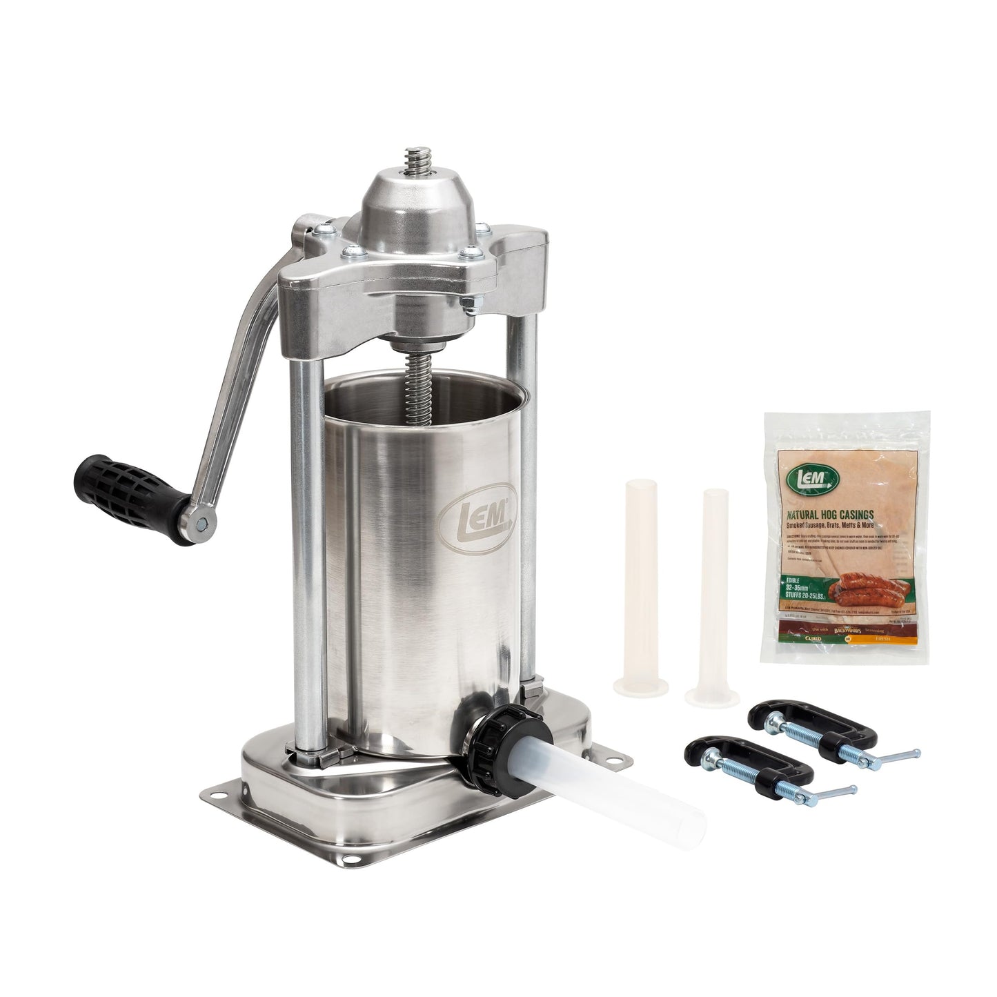 LEM Products MightyBite Vertical Stainless Steel 5 Pound Capacity Sausage Stuffer with Plastic Stuffing Tubes and Natural Hog Casings (32-35mm)