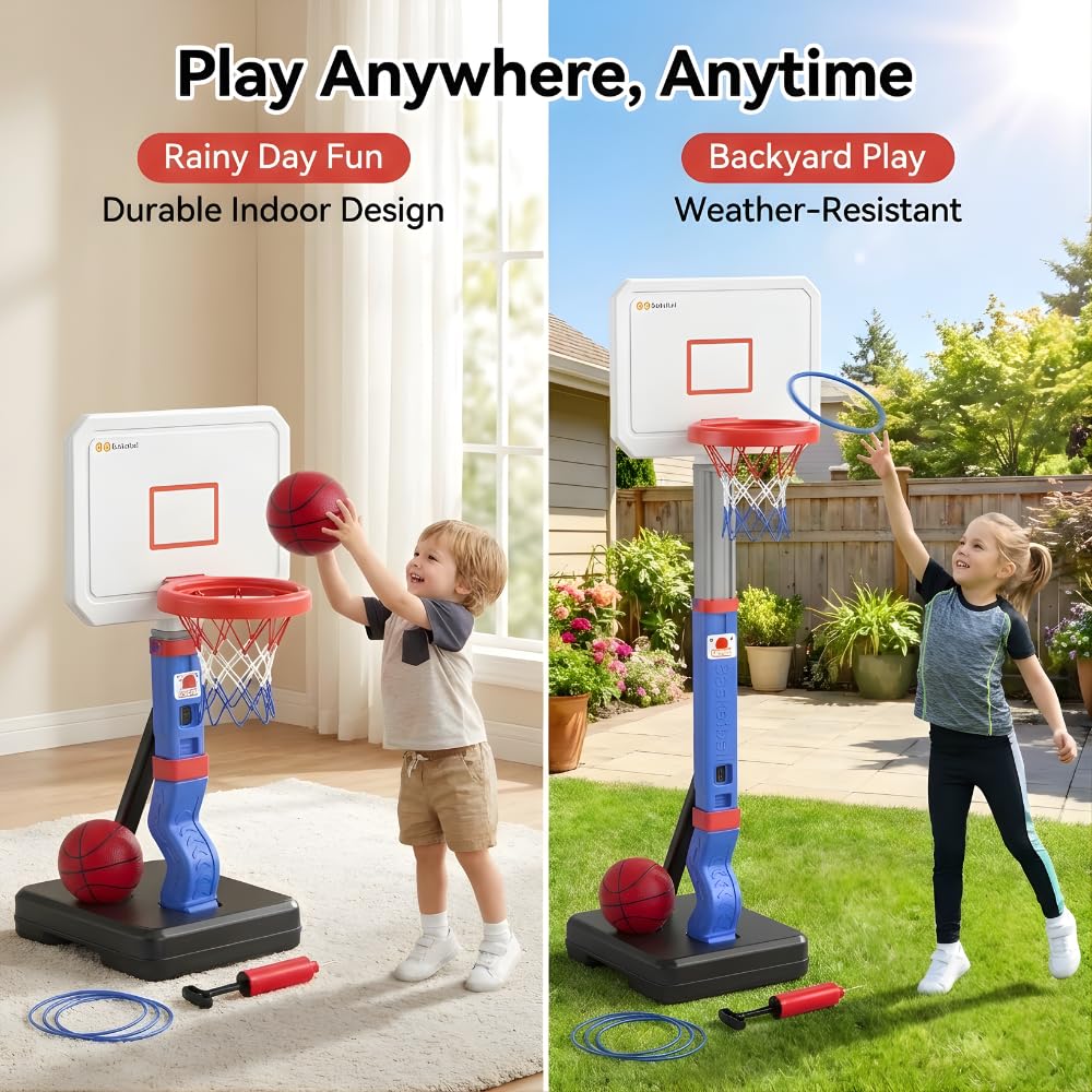 BRAGZO Toddler Basketball Hoop with Ring Toss Game, 2-in-1 Adjustable (2.5–5.5 Ft) Indoor & Outdoor Kids Basketball Set with Mini Balls, Rings, Pump & Stable Base Sports Toy for Boy & Girl Age 1-5