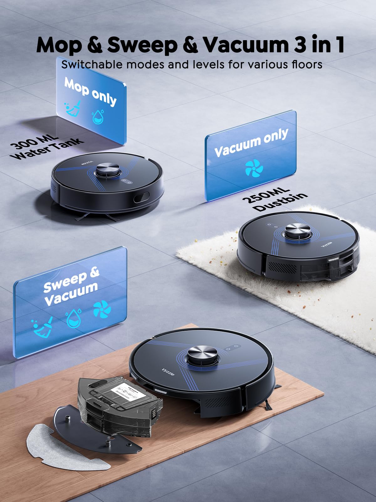 Vyzzle Robot Vacuum and Mop, 4-in-1 Robotic Vacuum Cleaner with Self-Emptying Base, 6000Pa Vacuum Robot with LiDAR Navigation, 60 Days Capacity, Ideal for Pet Hair, Hard Floors, Carpet, E20