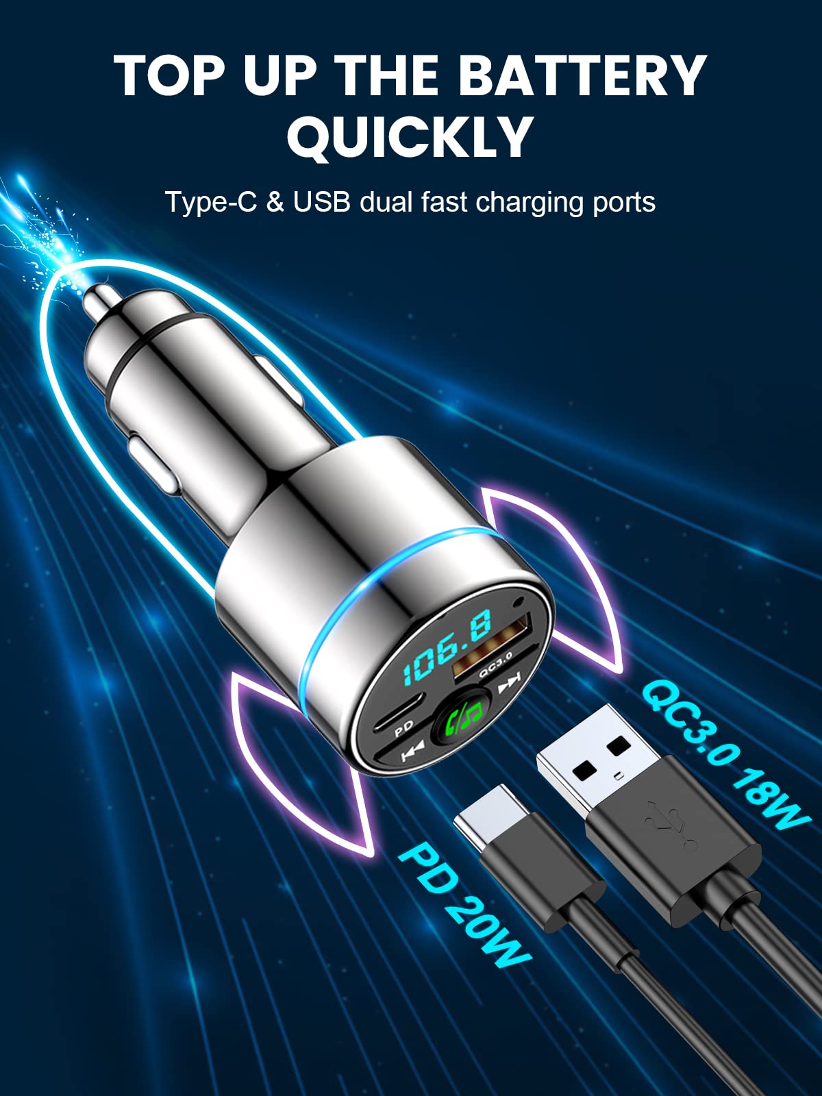 FM Transmitter for Bluetooth 5.3, [All-Metal] PD 30W & QC3.0 18W Fast Car Charger, Wireless FM Radio Kit Bluetooth Car Adapter, Noise Cancelling Hands-Free Call, Blue Light - Silver