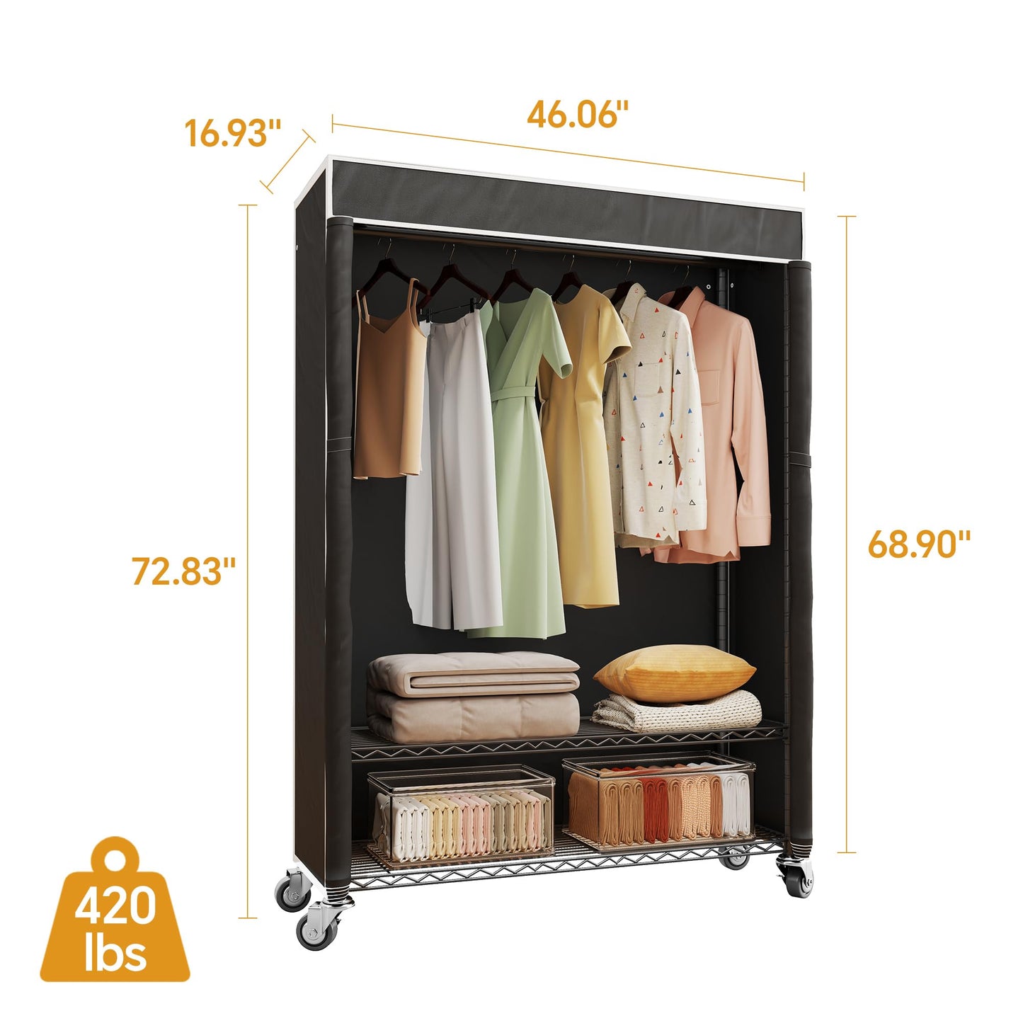 Higeego H4 Plus Rolling Garment Rack with Cover, Heavy Duty Clothes Rack with Wheels, Portable Closet for Hanging Clothes, Wardrobe Closets Organizer Storage, Black Closet Rack with Black Fabric Cover