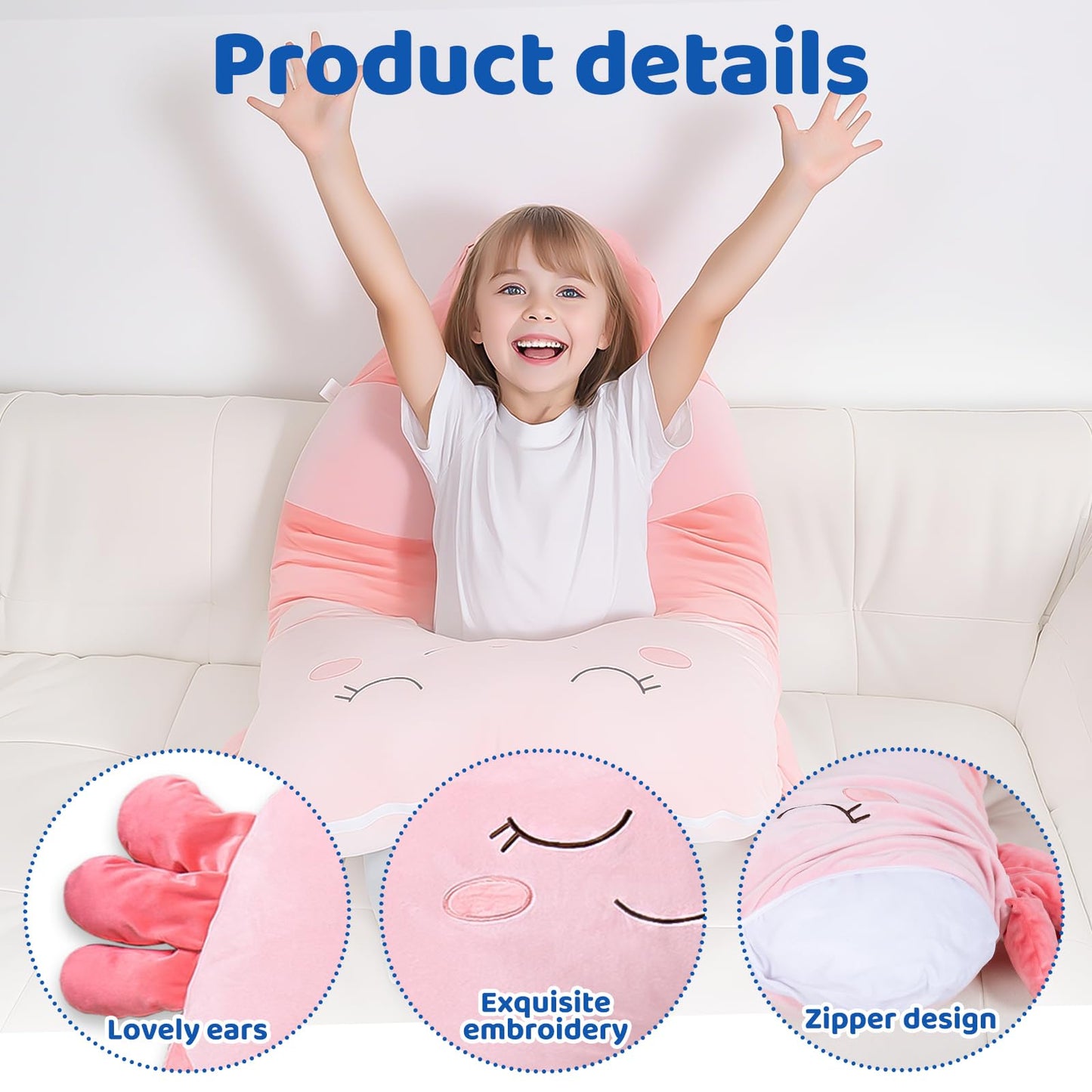 MLdian 47x23 inch U Shaped Long Plush Body Pillows for Kids, Stuffed Animal Axolotl Soft Large Pillow for Sleeping, Big Cute Plushies, Washable Cover, Gift for Boys and Girls
