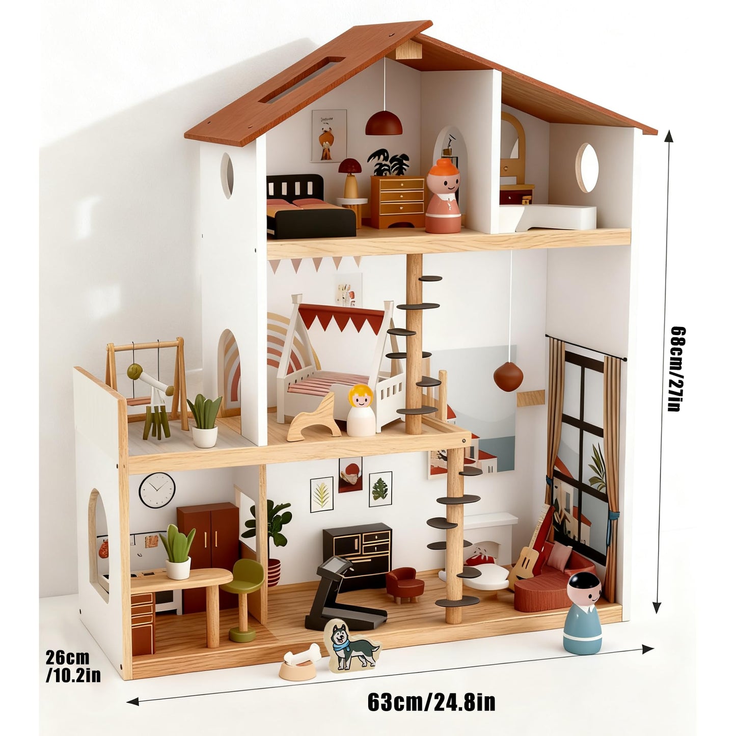 Wooden Doll House with 53Pcs Furniture Doll House, 6 Rooms Toddler Dollhouse Includes Spiral Wooden Staircase and Balcony, Modern Family Dollhouse with Realistic Design Gift for Ages 3+
