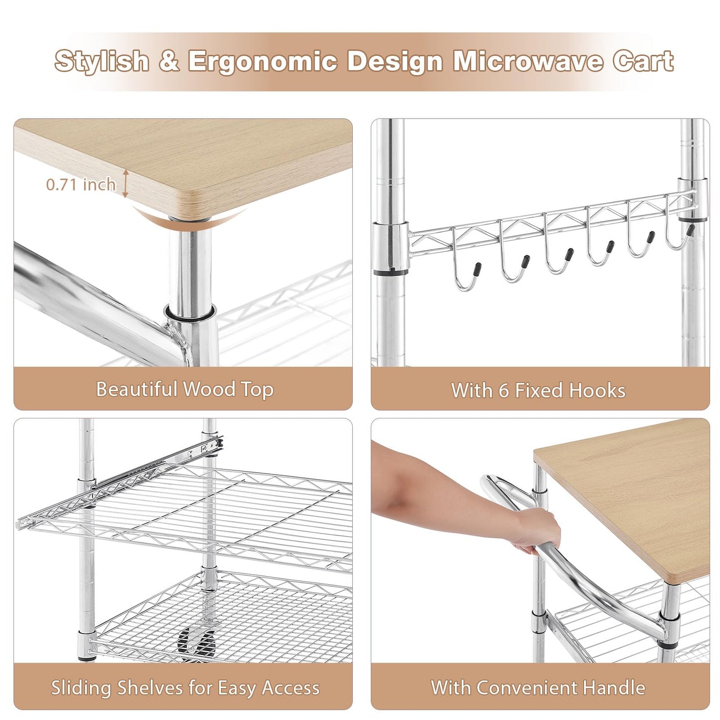 3 Tier Rolling Kitchen Cart with Wood Tabletop, Kitchen Island Carts with Wheels & Slider Shelf, Microwave Cart on Wheels, Coffee Cart with Hooks, 35.4" L*18.1" W*31.9" H，Wood+Chrome