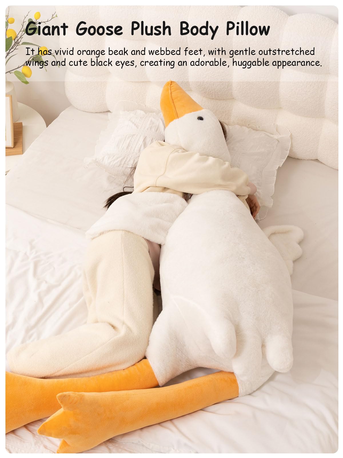 FIAEUGZKM Giant White Goose Plush Pillow, 74.8" Jumbo Fluffy Stuffed Animal Goose Hugging Body Pillow, Extra Large Soft Cuddly Plushy Birthday Gift Toy for Girls Kids Teens Adults, 6.23ft/190cm