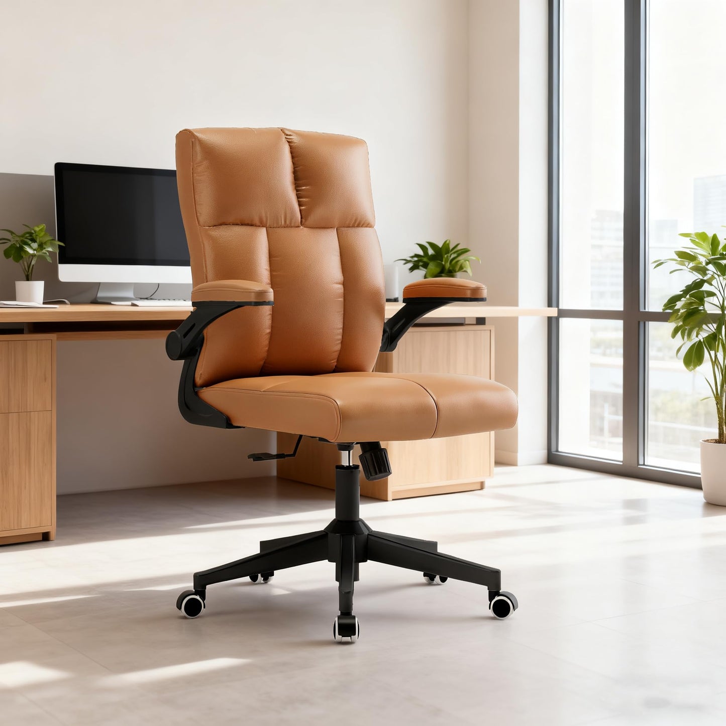 balmstar Leather Office Chair Computer Desk Chair, 360° Swivel Rolling Wheels, Adjustable Tilt Angle 90°-135° with Lumbar Support Executive Chair for Home Office, Working with 450LBS Capacity(Brown)