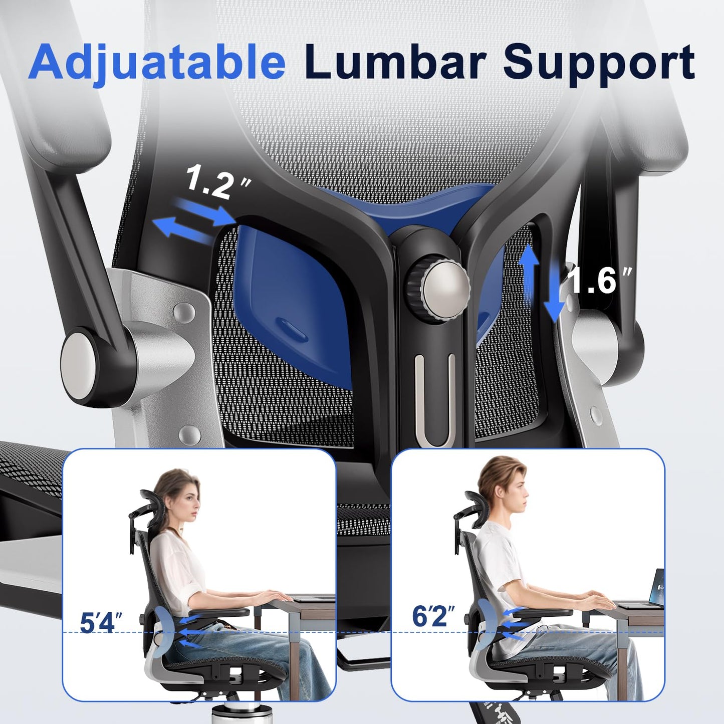 marrap Ergonomic Office Chair, Mesh Seat Cushion with 3D Armrests and 3D Headrest, Adjustable Lumbar Support with 90-120° Rocking Function, SGS Class 4 Gas Clylinder, Black
