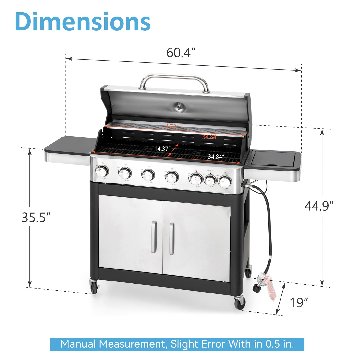 6 Burner Propane Gas BBQ Grill with Side Burner & Porcelain-Enameled Cast Iron Grate, 65,800 BTUs Barbecue Grill 665 Sq. In. Grilling Area, Outdoor Propane Grill for Camping Patio Backyard Cooking