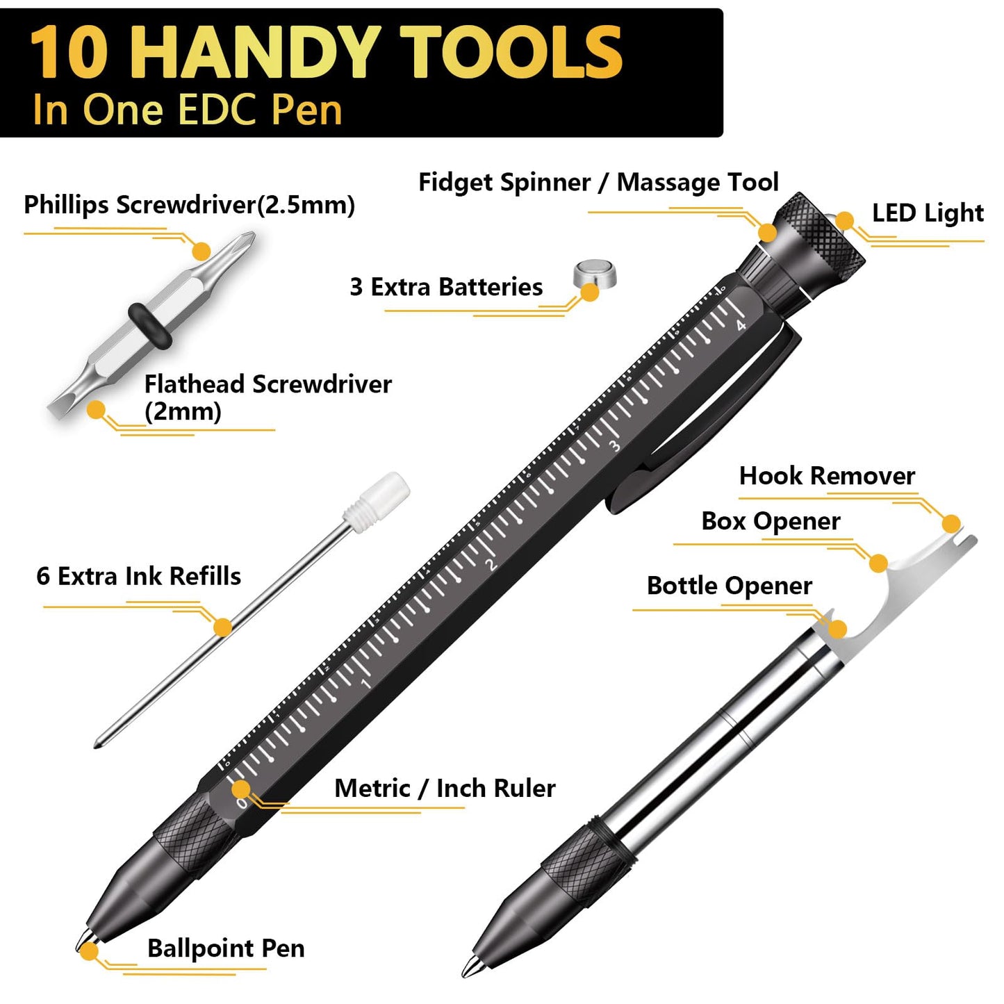 DMH Gifts for Men Multitool Pen - Stocking Stuffers for Men 10 in 1 Cool Tool Gadgets Unique Christmas Birthday Gift for Women Boyfriend Husband Who Have Everything Construction Carpenter Engineer