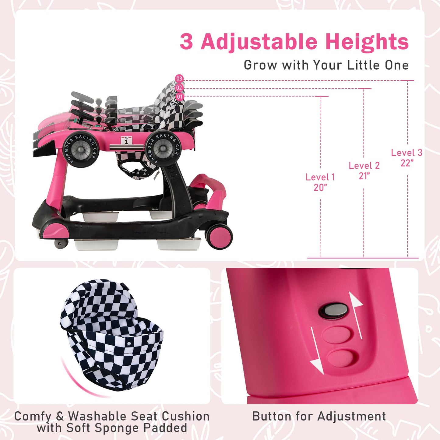 BABY JOY 4-in-1 Baby Walker, Foldable Activity Walker with Adjustable Height & Speed, Music, Lights, Anti-Rollover, Toddler Push Walker, Baby Walker with Wheels for Boys Girls 6-18 Months (Pink)