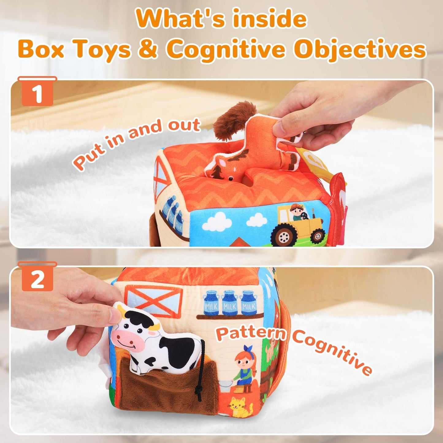 MPQMPQ Baby Tissue Box Toy Farm Crink Plush,Whats Inside Box Montessori Toys with Rattle,Crinkle,Mirror for Babies 6 9 12 18 Months Early Developmental Infant Sensory Learning Toys Newborn Gifts