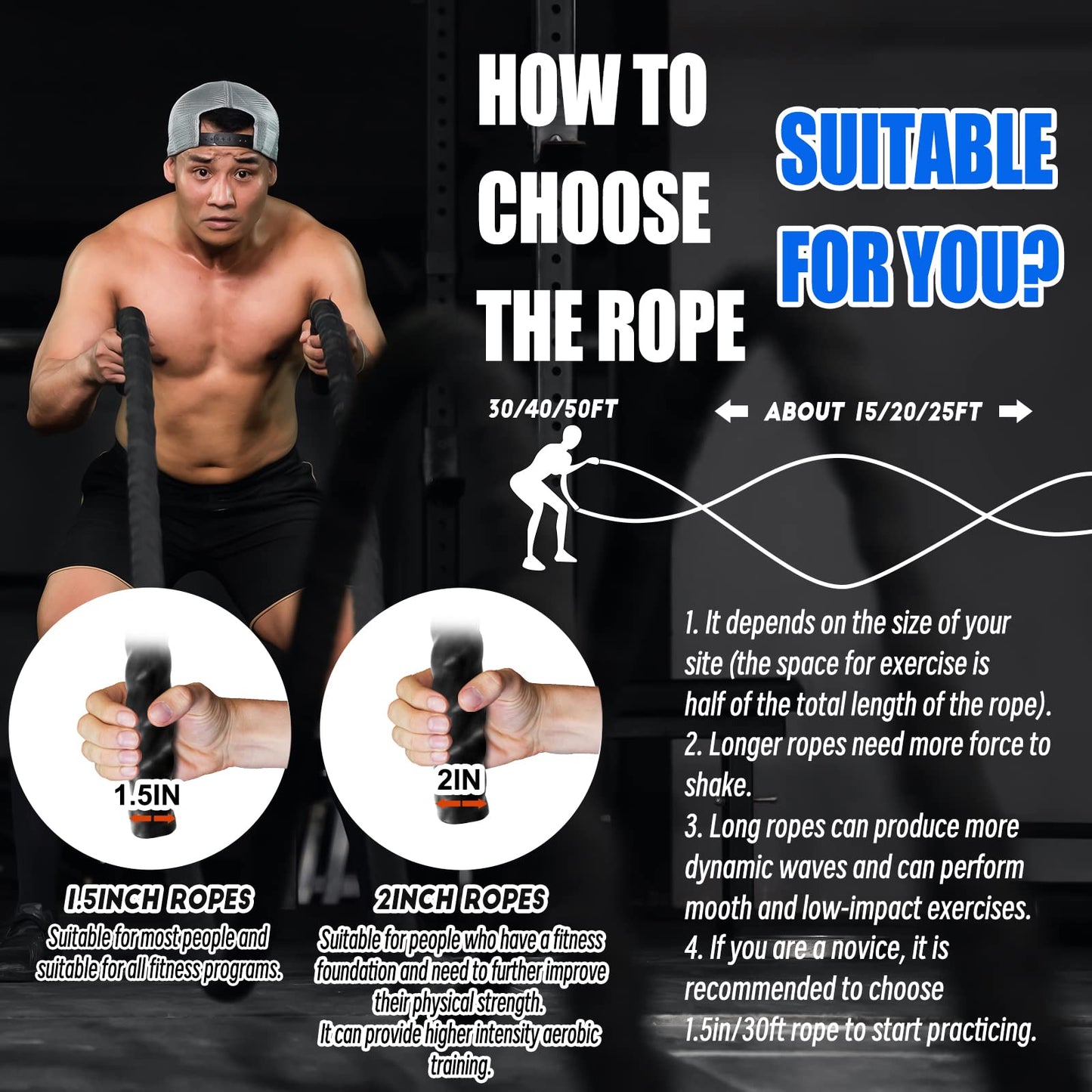 Perantlb Battle rope with wear-resistant nylon protective sleeve ，Heavy Battle Rope for Strength Training Home Fitness Exercise Rope， Anchor Strap Kit Included (2" x 50 ft Length)