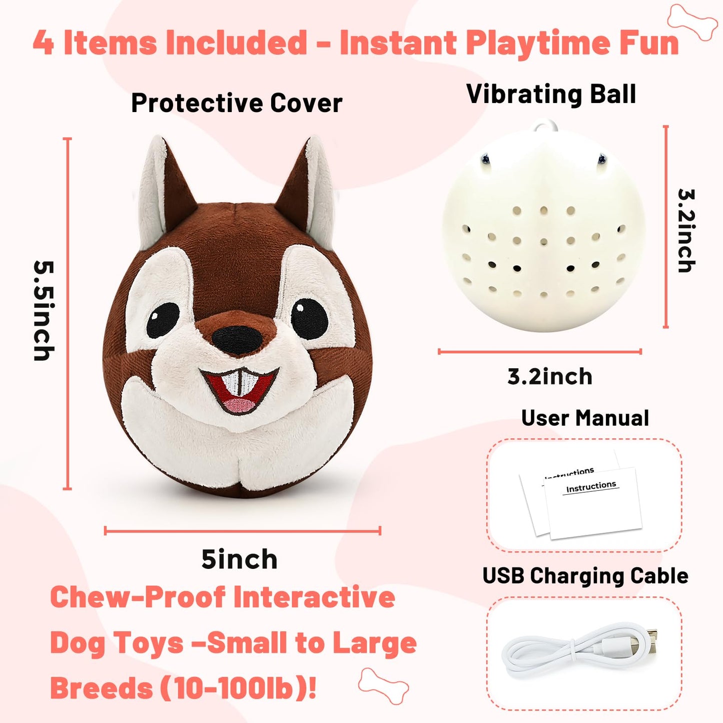 VYsTN Interactive Dog Toys - Auto Bounce, Move & Vibrate with Sound, Talking Squirrel Puppy Toy for Small Medium Large Dogs, Rechargeable Durable Toy for Anxiety Relief, Boredom & Indoor Play