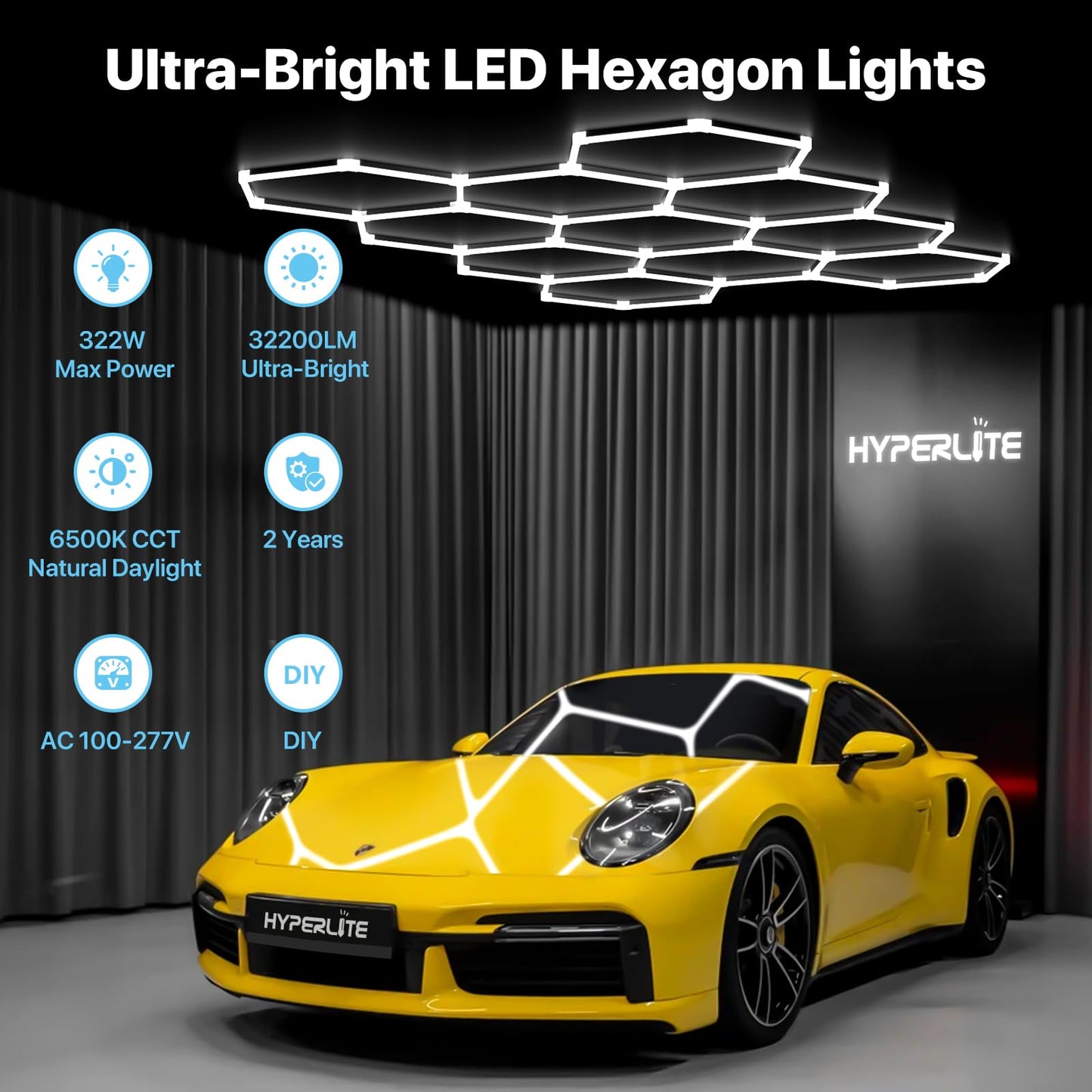 HYPERLITE Gen 2 Hexagon Garage Lights: 322W 32200LM 11 Grids Hexagon Led Light, 6500K Ultra Bright Honeycomb Hex Lights, Easy Install, Durable Design for Garage, Car Detailing, Workshops, Gym