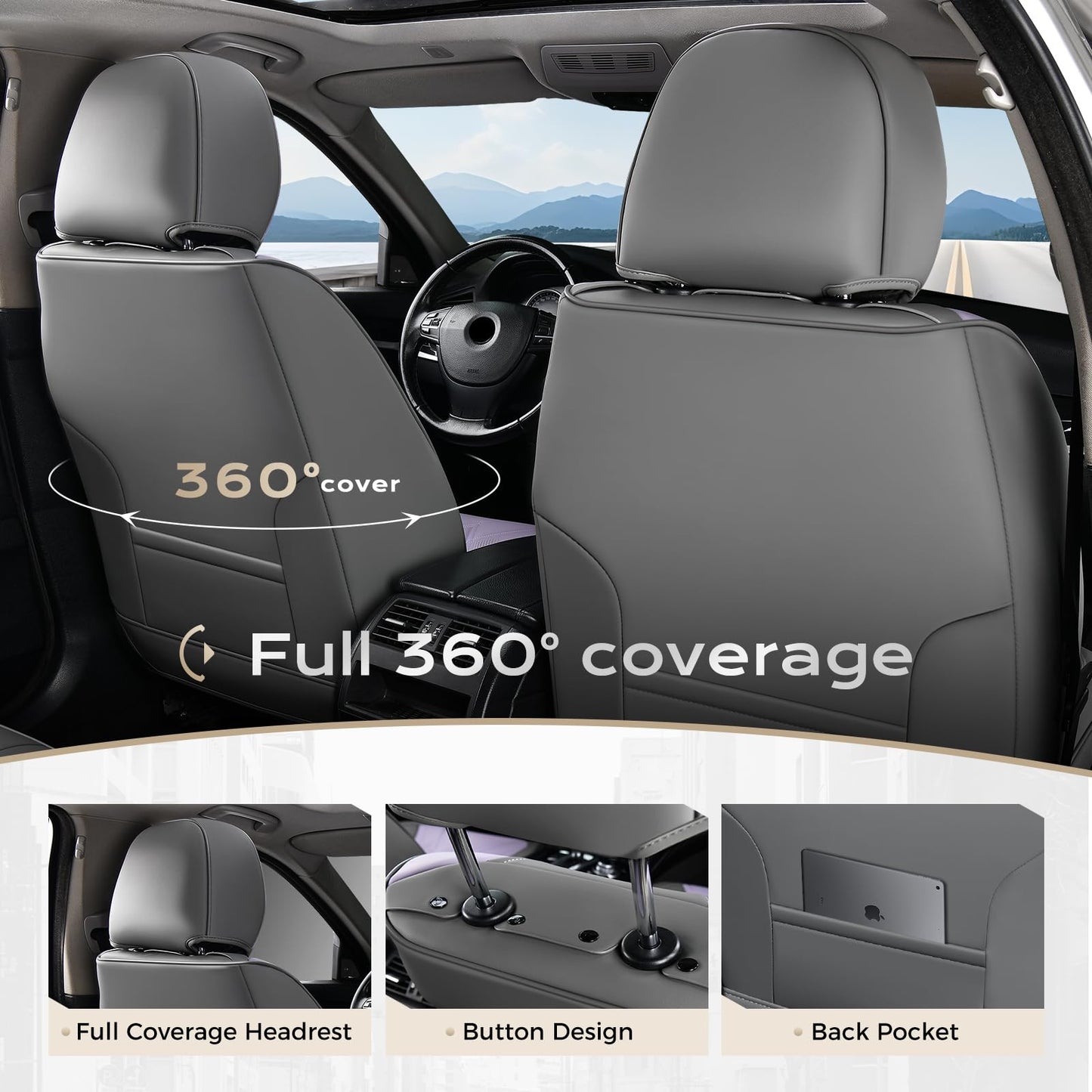 Coverado Car Seat Covers Full Set, Seat Covers for Cars, Waterproof Leather Automotive Seat Cover, Universal Car Interior Protectors Cushion for Most Cars Gray_Pruple