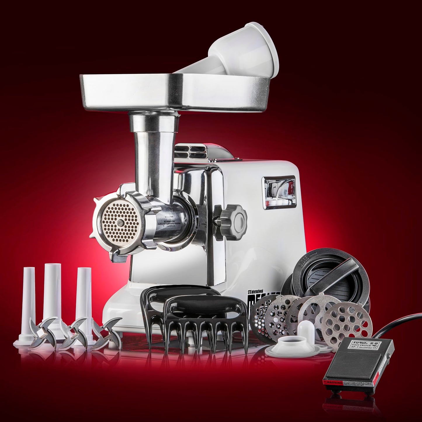 STX International Megaforce 3000 Series 6-in-1 Electric Meat Grinder | 3000W Max | Air Cooled | 3-Speed | Foot Pedal | 5 Grinding Die | Stainless Steel Blades | Sausage Stuffer | Kubbe Maker & More