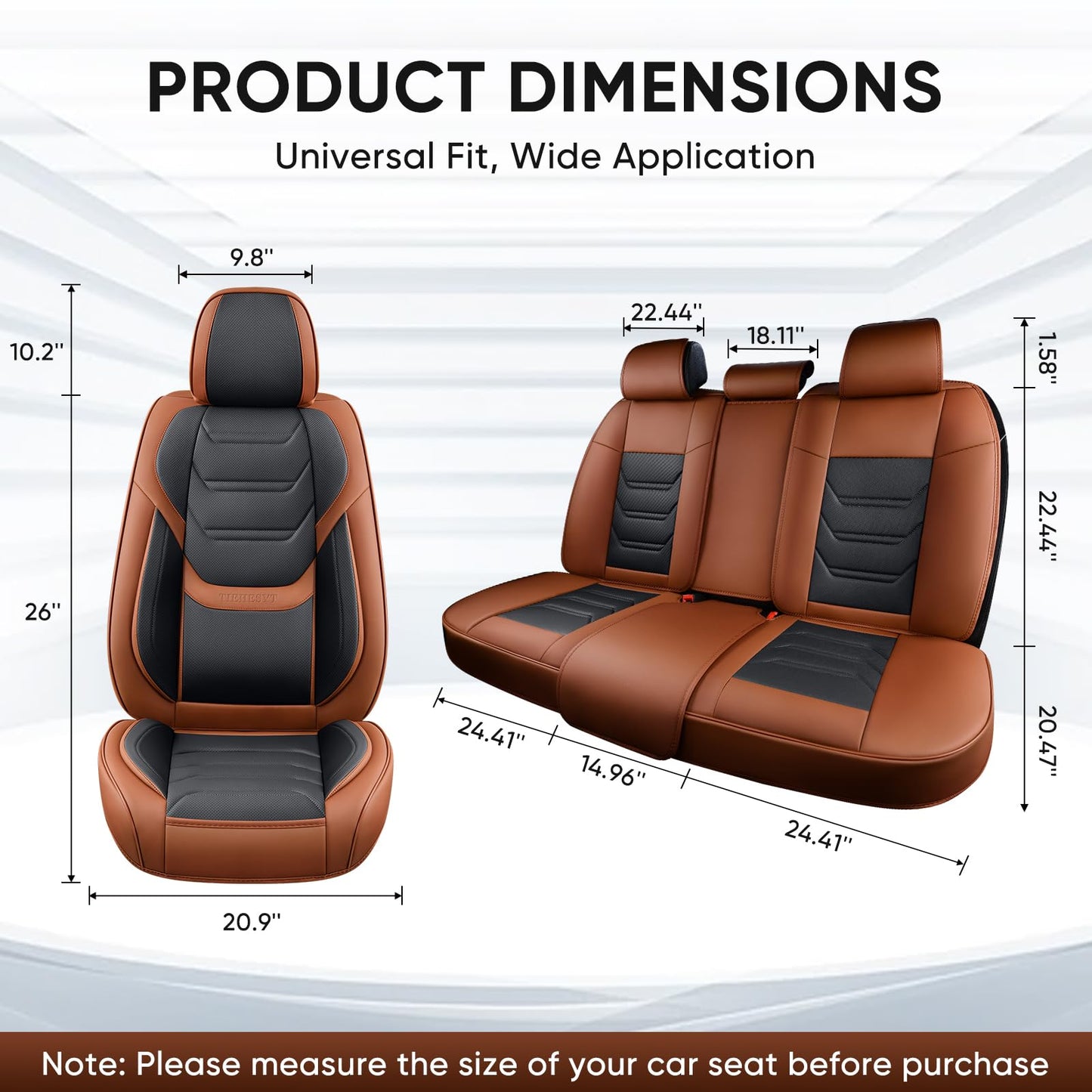 TIEHESYT Leather Car Seat Covers Full Set with Lumbar Support, Waterproof Car Seat Cover, Universal Seat Covers for Cars, Trucks, SUVs, Sedans, Airbag Compatible, Front Pair and Rear, Brown&Black