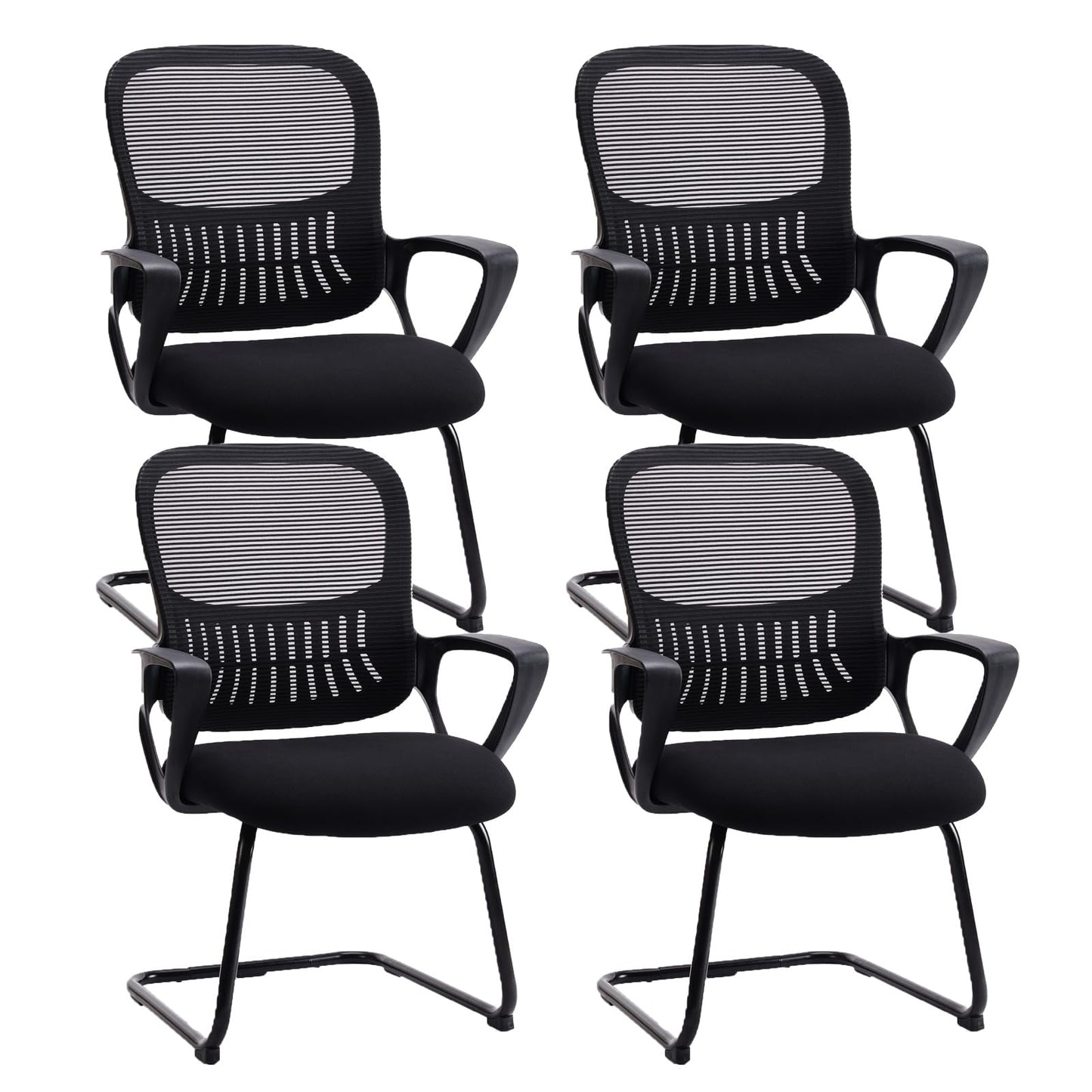 Sweetcrispy Reception Chair No Wheels, Stationary Non Rolling Mesh Mid Back Computer Guest Side with Lumbar Support for Waiting Area Reception Conference Room, Set of 4, Modern Black