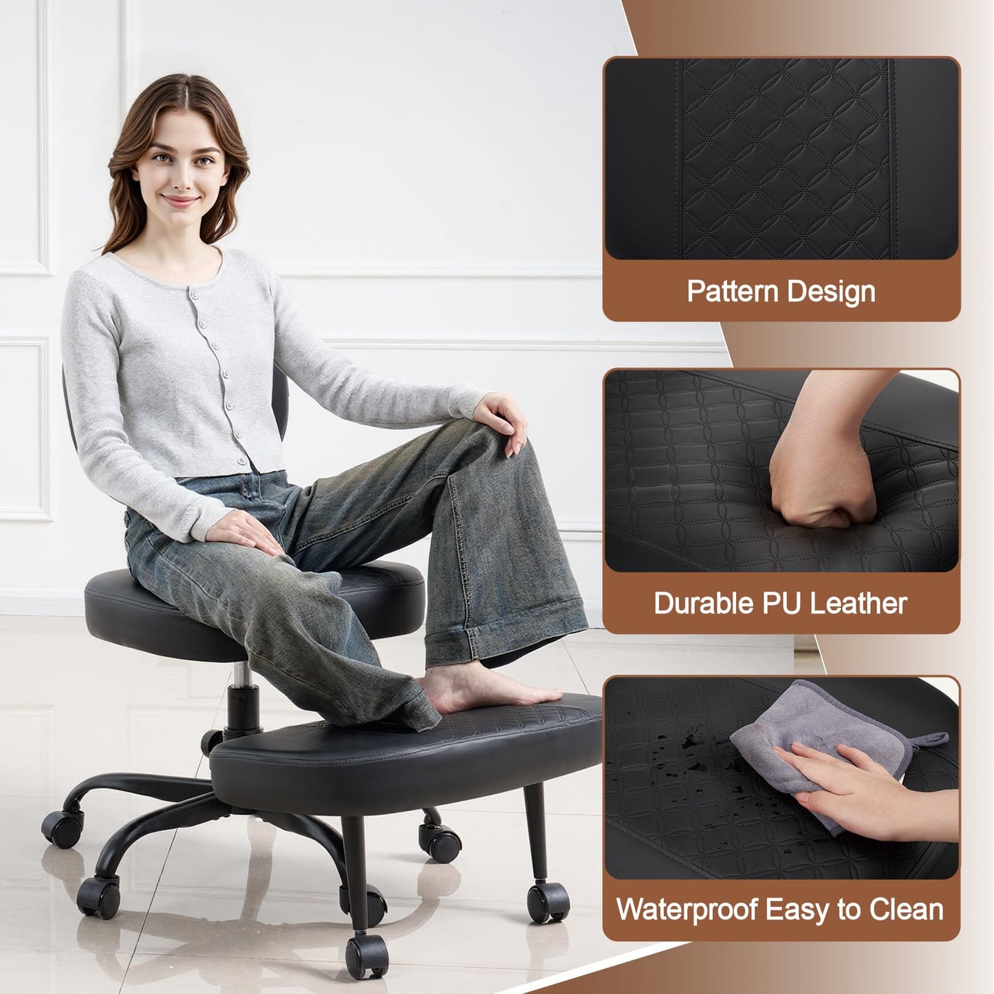 Avocahom Ergonomic Cross Legged Office Chair with Wheels, Criss Cross Desk Chair with Leg Rest, Meditation Chair Yoga Kneeling Chair, Adjustable ADHD Chair Black
