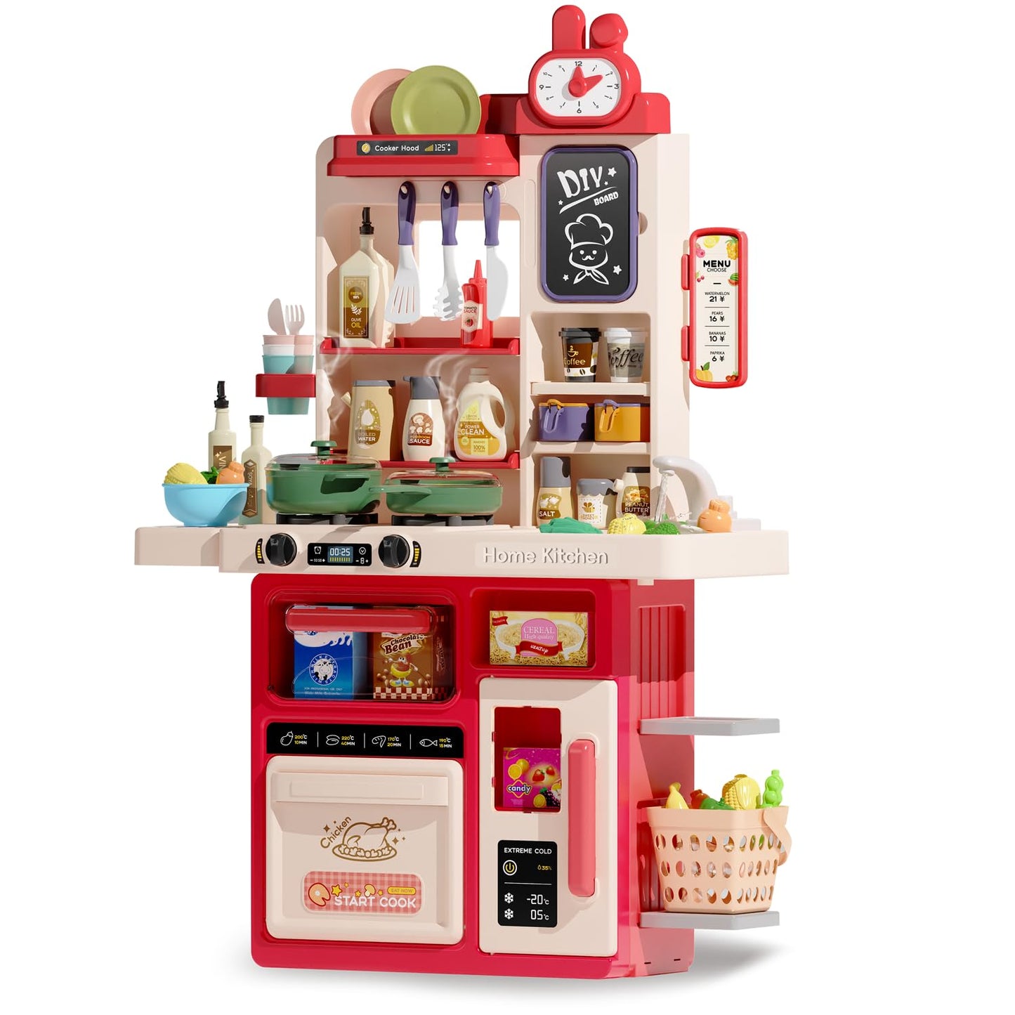 Hitish Kids Kitchen Playset Set, 63PCS Pretend Play Kitchen Toys for Toddlers, Cooking Stove with Steam Sound Light, Play Sink with Manual Faucet, Play Food Accessories Gift for Girls, 33’’H Red