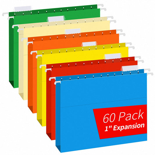 Extra Capacity Hanging File Folders, RAZCC 60 Pack Letter Size Reinforced Hanging Folders with Heavy Duty 2 Inch Expansion for Bulky Files, Filing Cabinet, Adjustable Tabs, Assorted Colors