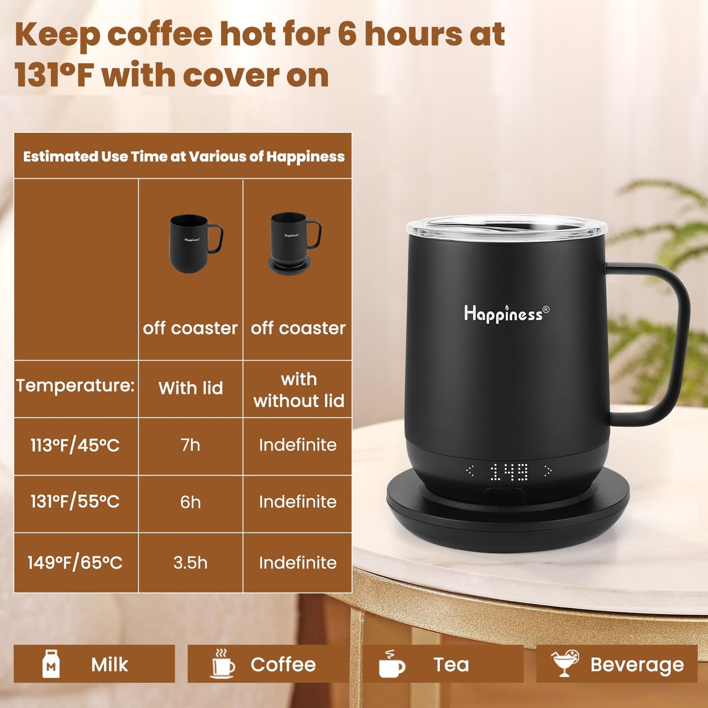 Happiness Smart Heated Coffee Mug,12oz Rechargeable Electric Self Heating Temperature Control Coffee Cup,Gifts for Mom Dad Grandma Wife
