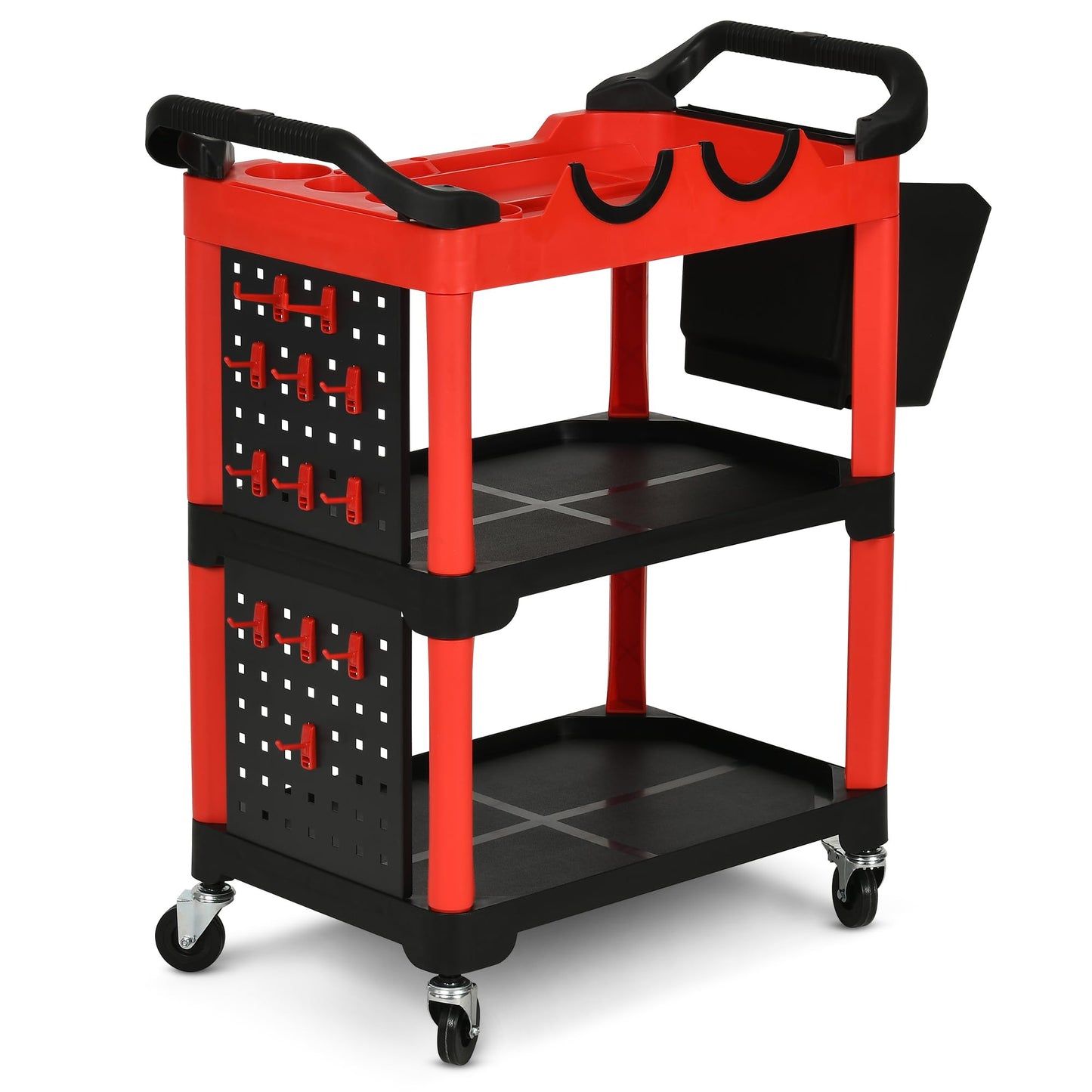 DWVO Auto Detailing Cart with Wheels, 3-Tier Rolling Tool Organizer with 2 Polisher Brackets, 17" D x 32" W Car Wash Utility Cart with Hooks & Hanging Bucket for Garage, Workshop, DIY Home
