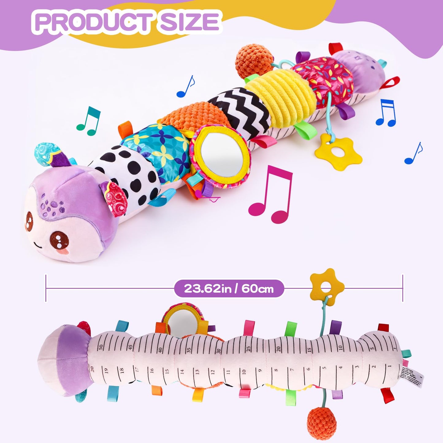 Baby Toys 0-6 Months, Musical Toys for Purple Caterpillar, Infant Stuffed Animal Soft Sensory Toys with Crinkle、 Rattles and Textures, Tummy Time Toys for Newborn Boys Girls 0 3 6 12 Months