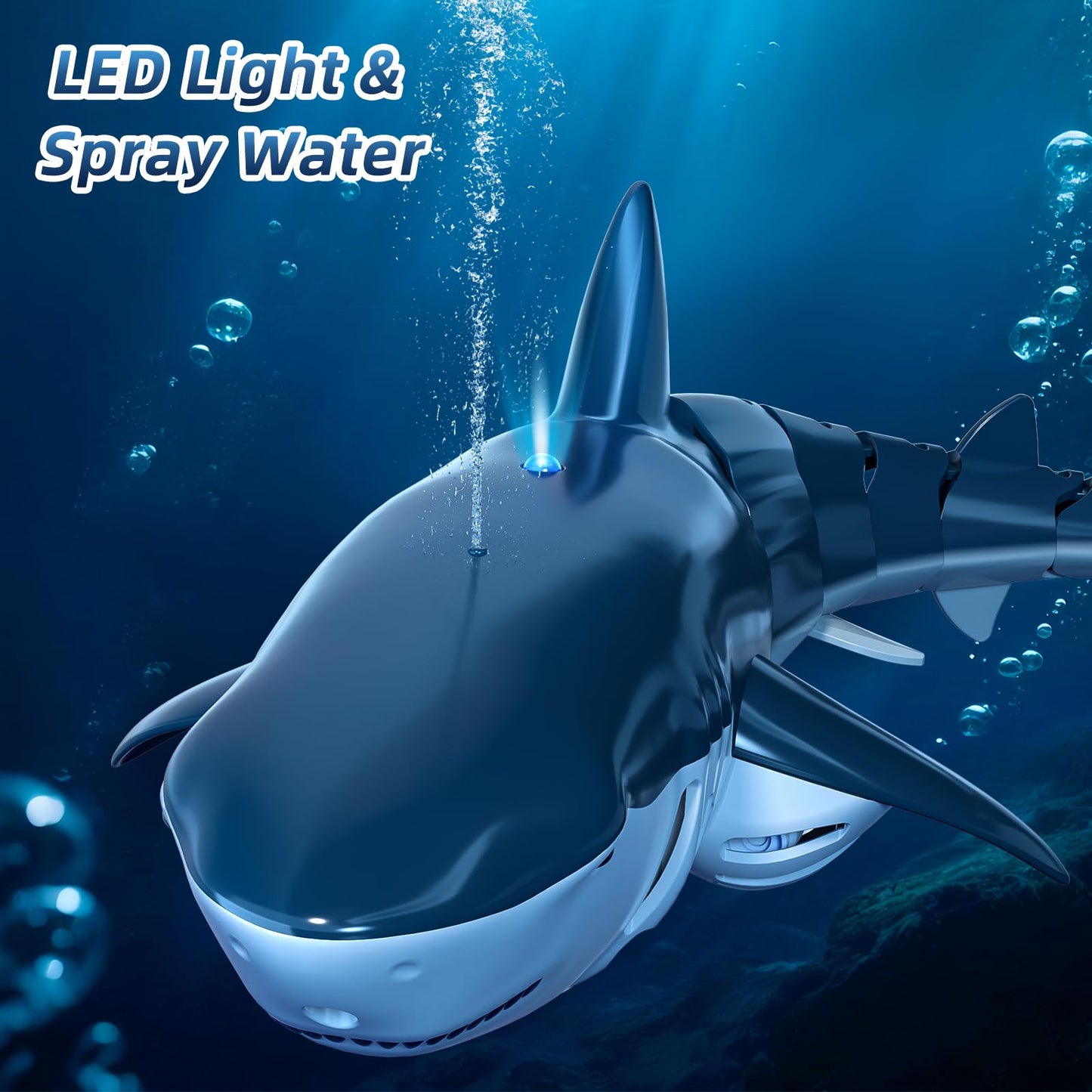 TEMI 2.4GHz Remote Control Shark Toy for Pool, 1:18 Scale RC Shark with 2 Motors, Water Spraying and Light, Rechargeable Outdoor Pool RC Sharks Gifts Toy for Age 3-9 Year olds Kid Boys Girls