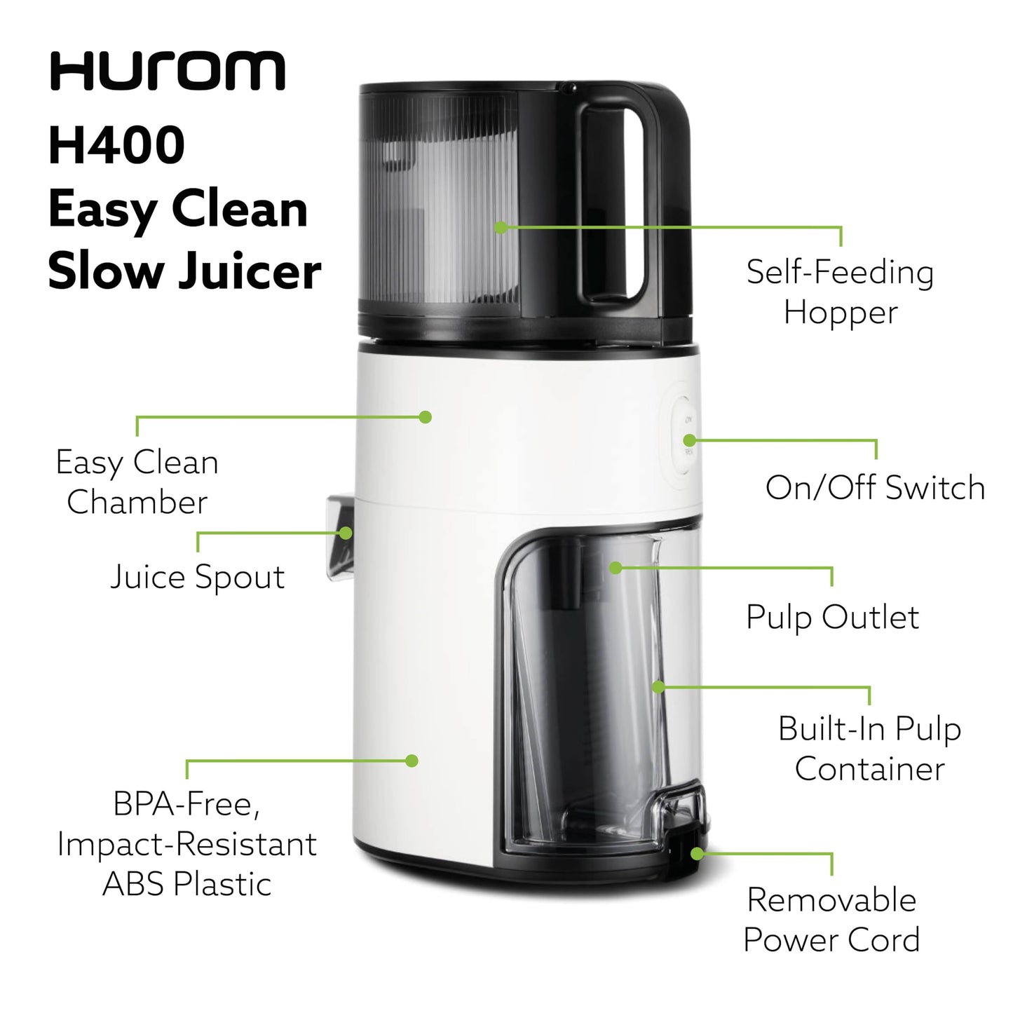 Hurom H400 Cold Press Juicer Machine, Award Winning Masticating Slow Juicer, Easy to Clean, Strainer & Hands Free with Self Feeding, Wide Mouth Hopper, Easy Assembly (White)