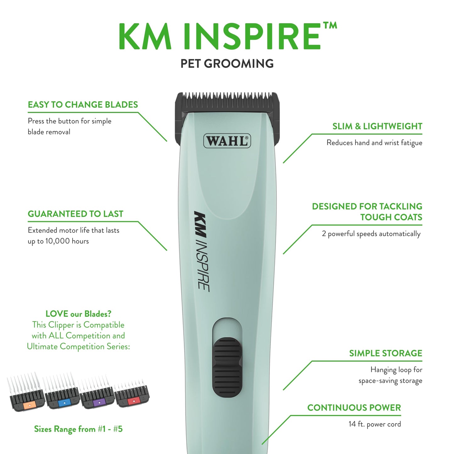 Wahl Pro Animal KM Inspire Grooming Clippers - Powerful Brushless Motor - Professional Grooming Kit - for Dog, Cat & Horse - Corded Dog Groomer - 4 Stainless Steel Guide Combs