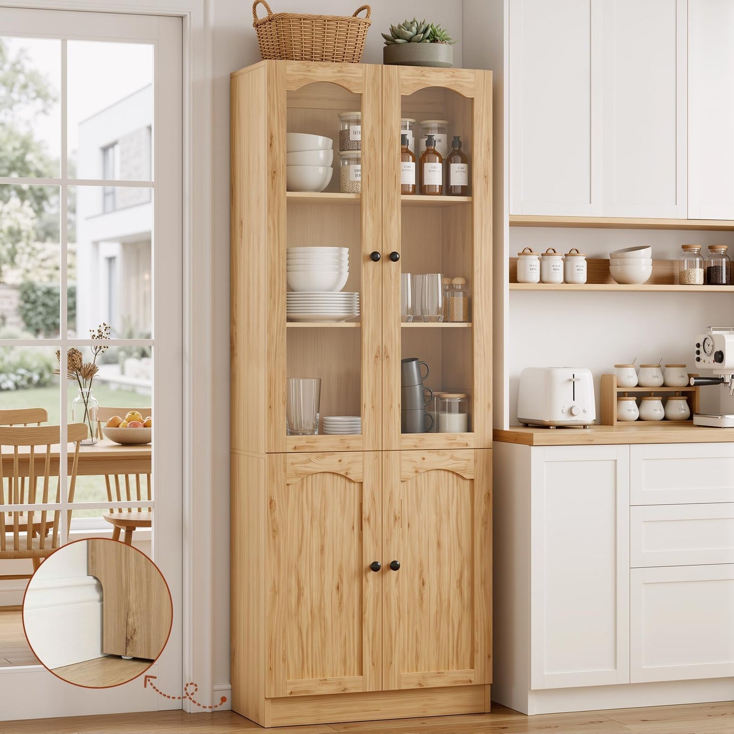 Cyclysio 80" Tall Pantry Cabinet with 4 Doors, Natural Oak Kitchen Pantry Storage Cabinet with Built-in Baseboard Notch & Adjustable Shelves – Kitchen Storage Cabinet for Dining, Living, Office