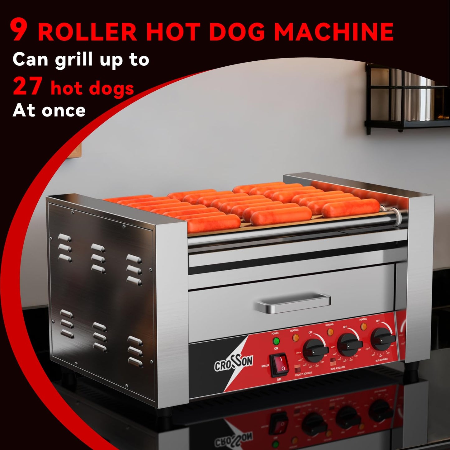 CROSSON Hot Dog Roller 9 Rollers 24 Hot Dogs,1750W Hot Dog Grill Cooker Machine with Bun Warmer,Three Temp Control Commercial 9 Nonstick 304 Roller
