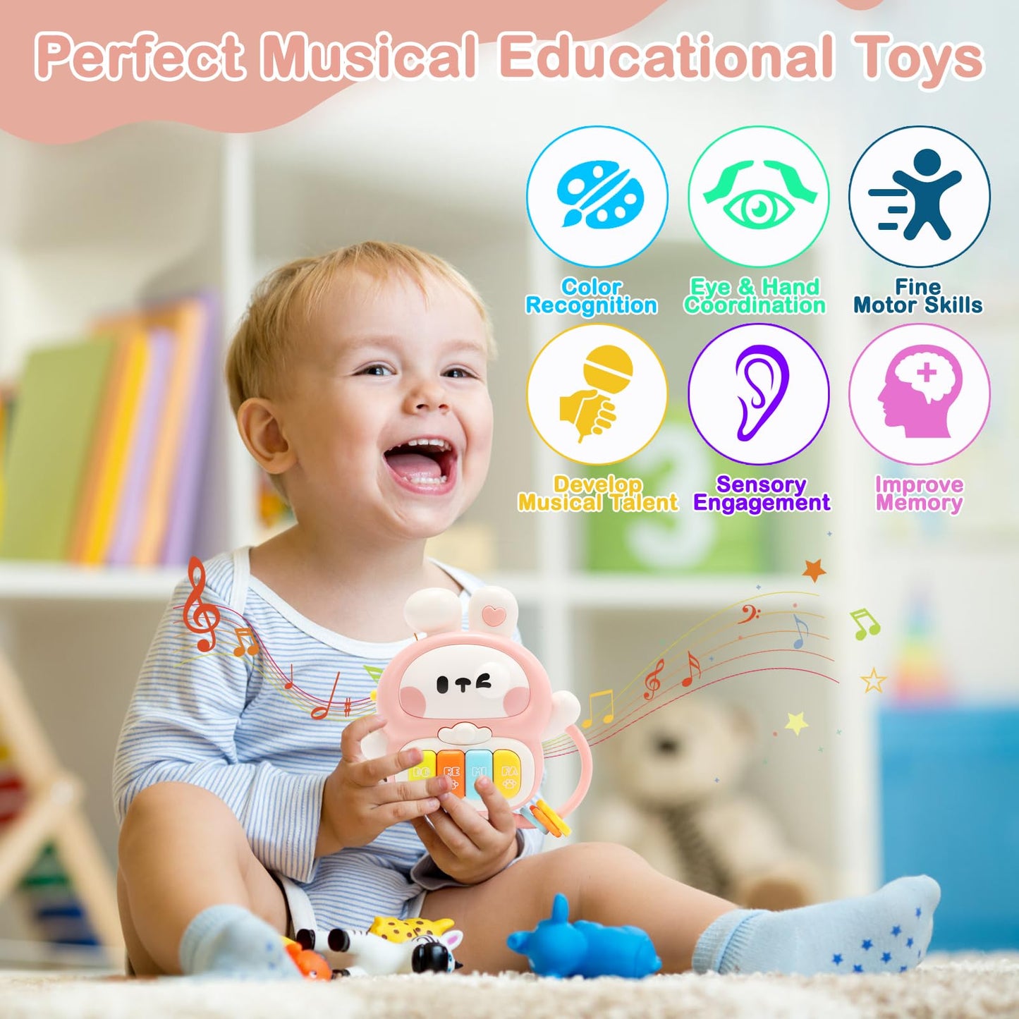 Redbeann Baby Musical Toys 6-12 Months, Rabbit Piano for Baby Musical Toys for Toddlers 1-3, Busy Board with Music & Light, Birthday Toy for Infant Toddler 1 Year Old Boy Girl Gifts (Pink)