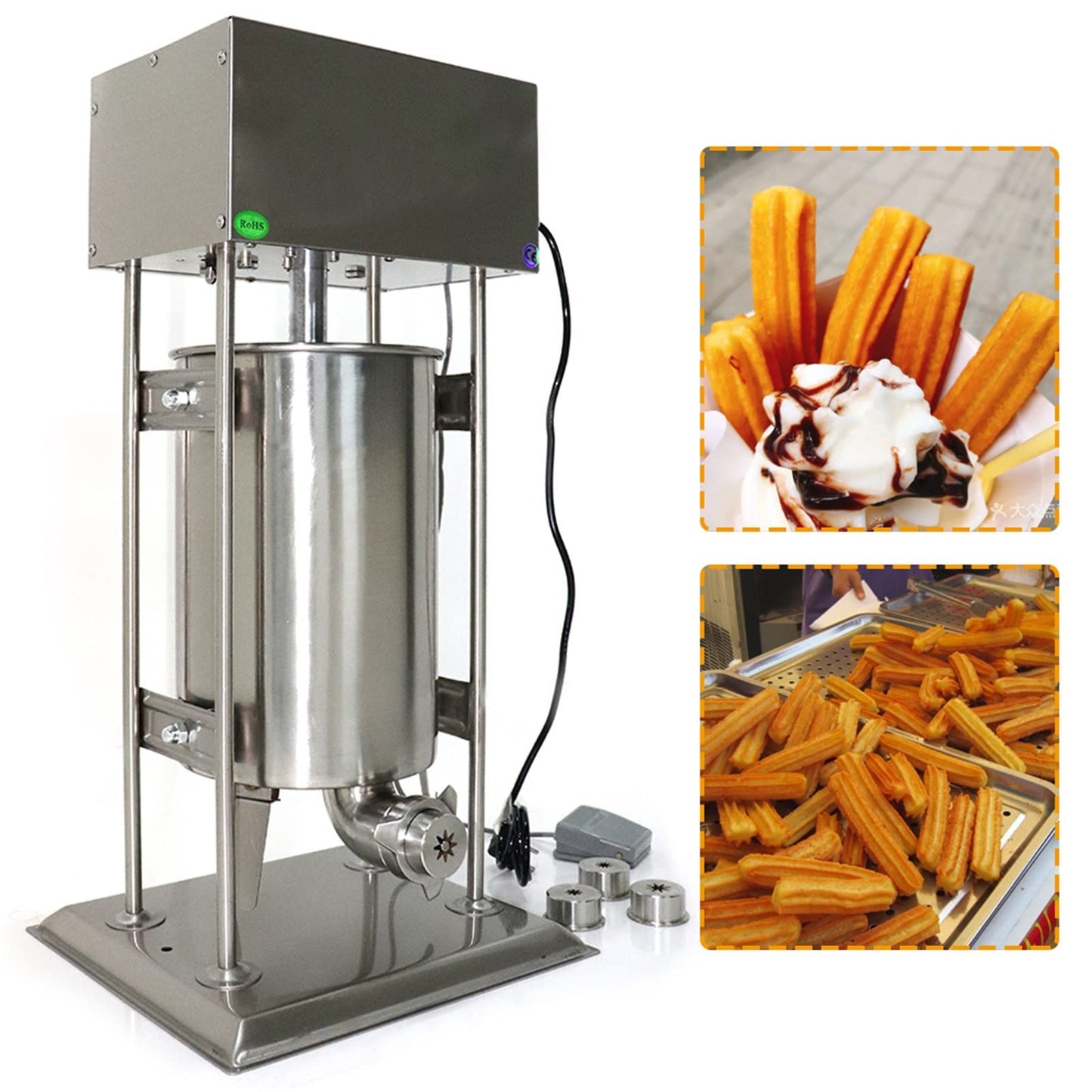 Commercial Electric Churro Machine, 15L Vertical Stainless Steel Spanish Donut Churrera Churros Machine, Electric Vertical Latin Fruit Machines with 4 Moulds for Restaurants Bakeries Cafeterias