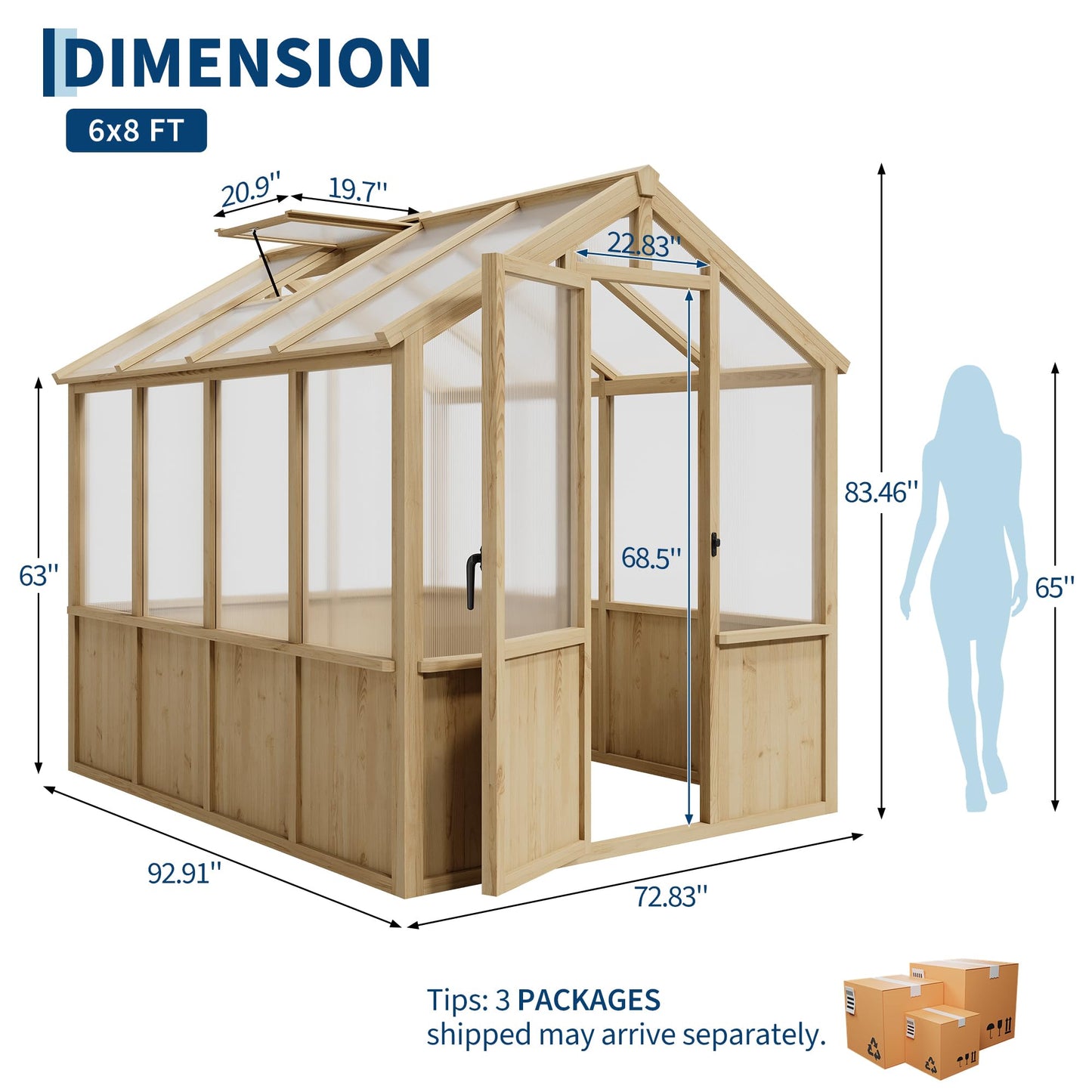 Garvee 6x8 FT Wooden Greenhouse - Walk-in Greenhouses for Outdoors, Large Spruce Frame Green House with PC Panels, Adjustable Roof Vents & Lockable Door, Green Houses for Garden,Backyard,Patio,Lawn