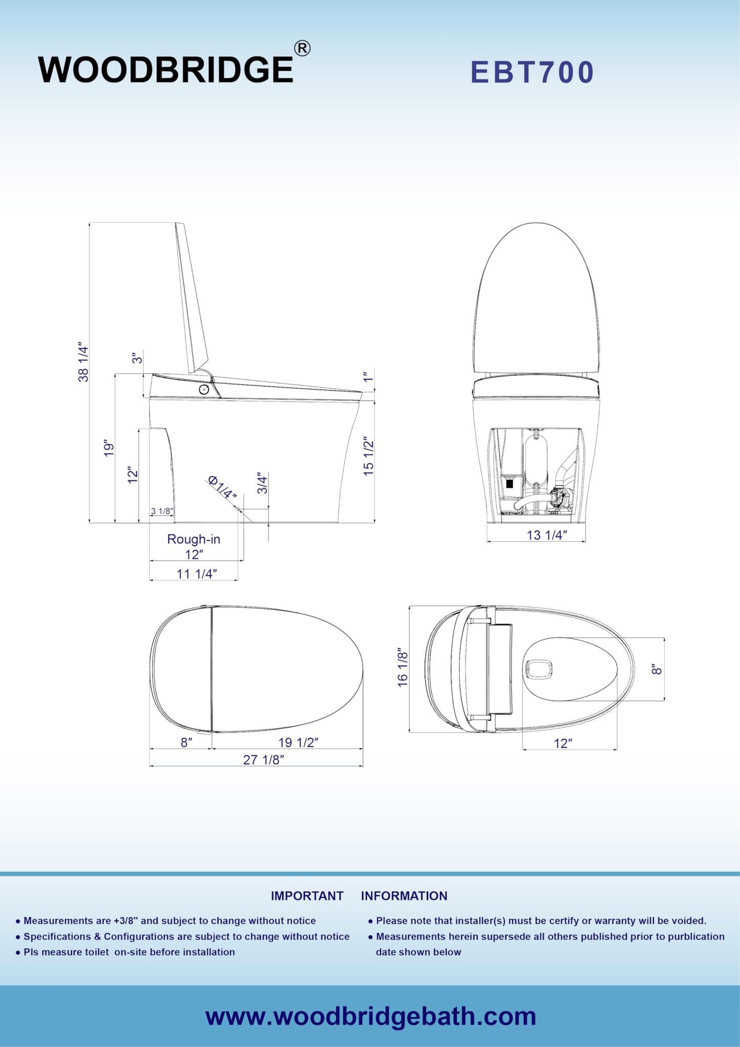 WOODBRIDGE Smart Toilet, Auto Open & Close, Auto Flush, Foot Sensor Operation, Heated Seat and Integrated Multi Function Remote Control in White