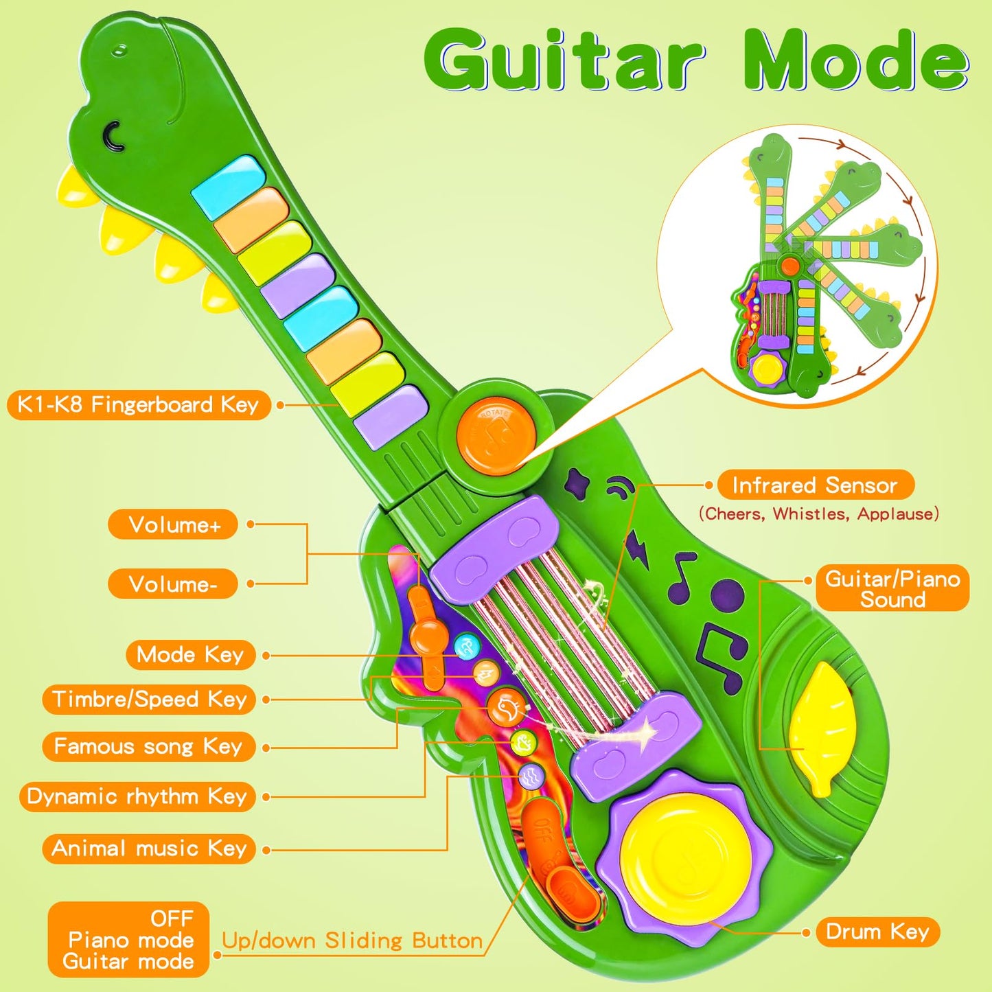 Dinosaur Kids Guitar 2-in-1 Musical Instruments for 3 4 5 Year Old Boys Girls Gifts, Toddler Electric Guitar Piano Toy with Strap & Dino Design (Green)