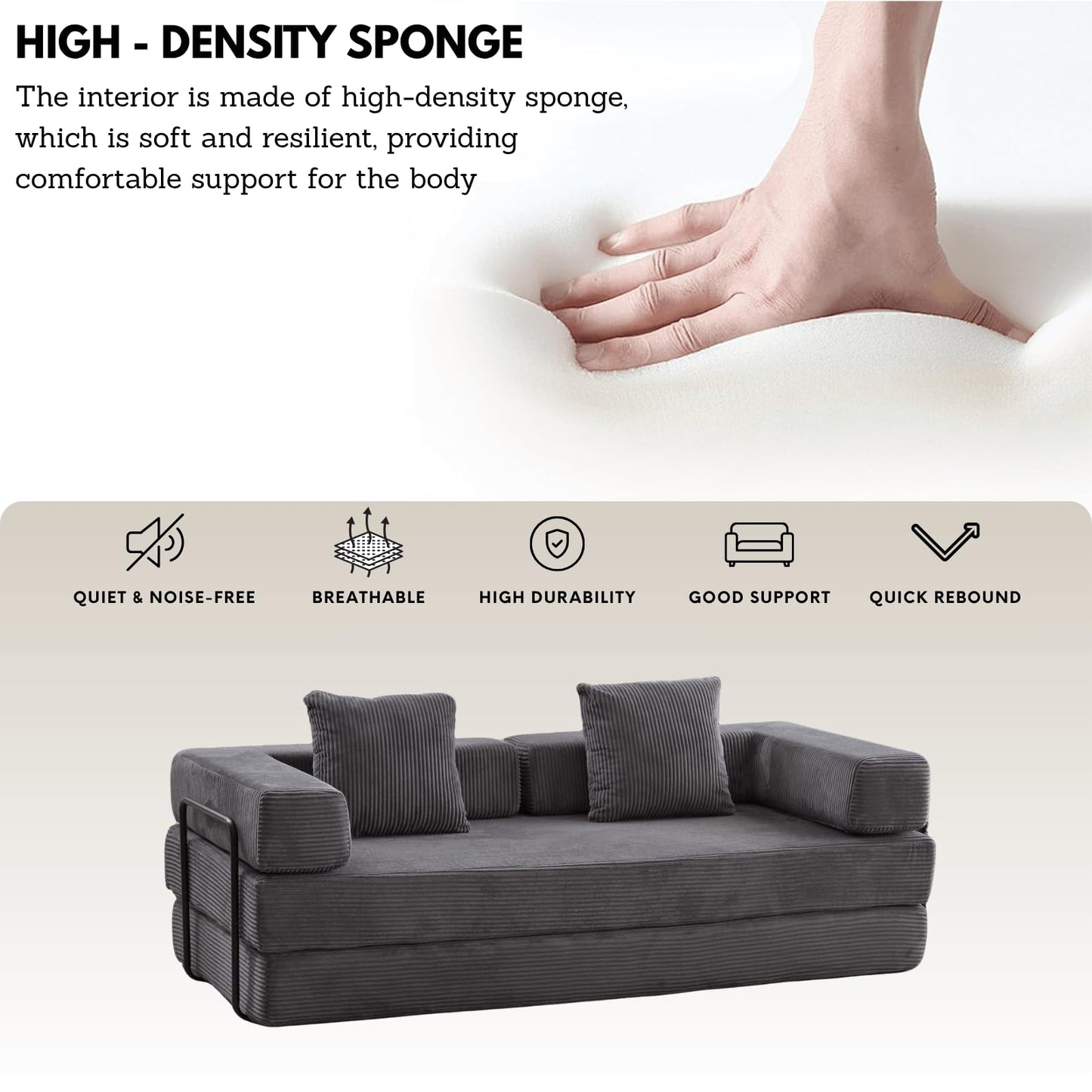 BRITEMART 4-in-1 Folding Convertible Sofa Bed, 77" Floor Couch with Pillow - Corduroy Fabric & High-Density Sponge & Fixed-Shape Frame, Modular Sofa for Living Room/Lounge/Studio, Dark Grey