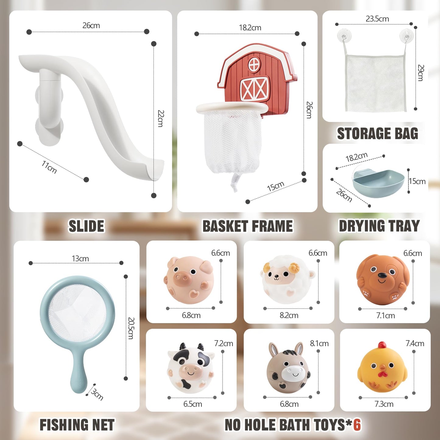 TXTLDB No-Hole Farm Bath Toys for Toddlers 1-3 | Slide, Basketball Hoop & 6 Animal Set | Easy to Clean & Dry Bathtub Play Gifts for Boys Girls