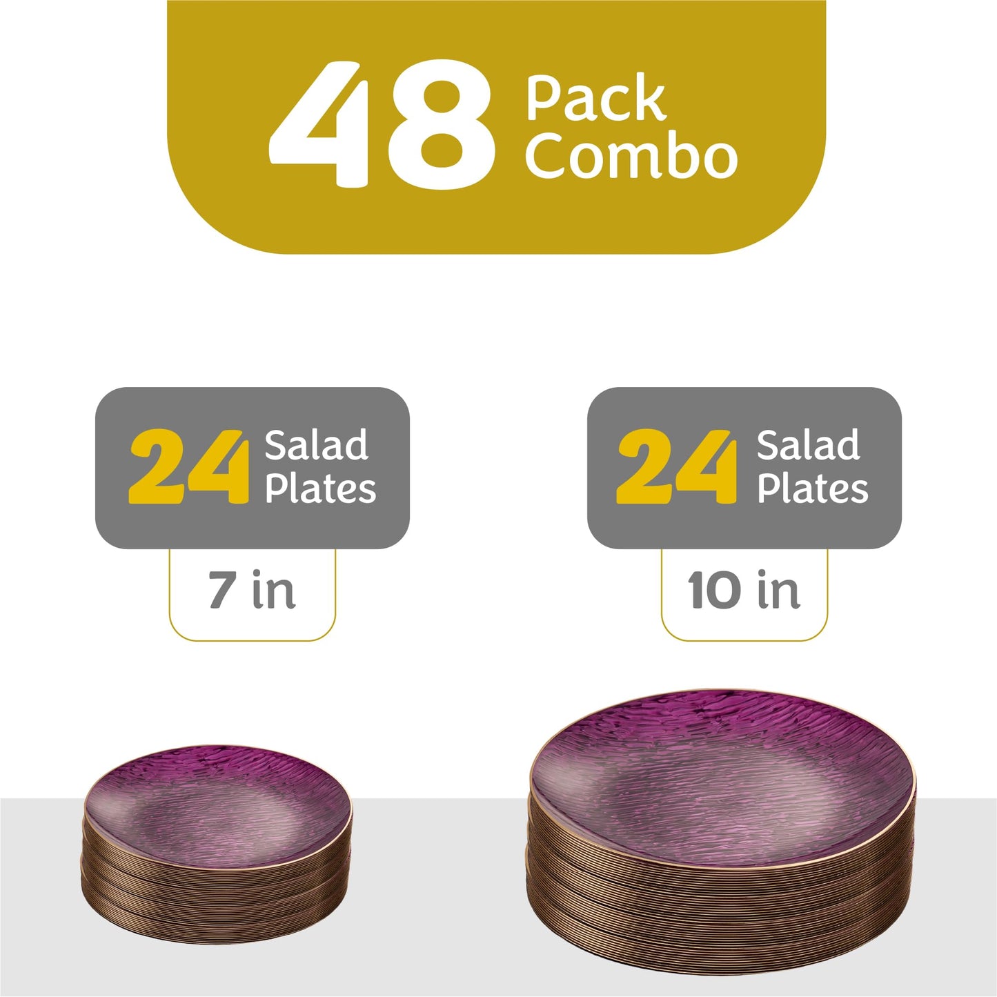 PLASTICPRO 48 Pieces Elegant Plastic Plates for Party Purple with Gold Rim Includes 7" inch and 10" inch Fancy Plastic Plates Disposable Dinnerware