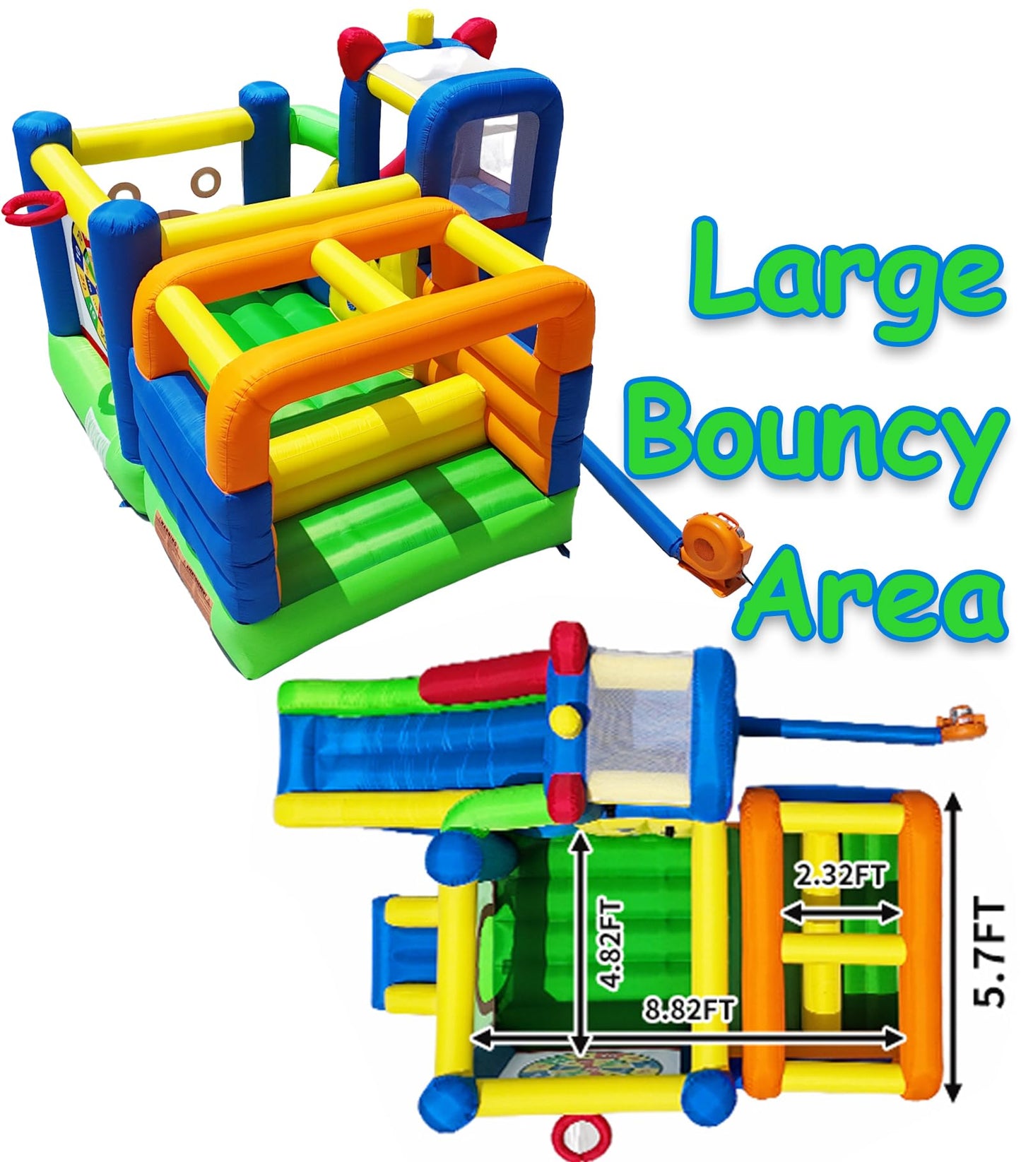 HuaKastro Bounce House - Inflatable Playground with Crossbar Obstacle on Large Bouncy Area, 1x Tall & 1x Small Slide, Giant Dart Board, Climbing Wall - for Indoor Outdoor Kids Party Family Gatherings