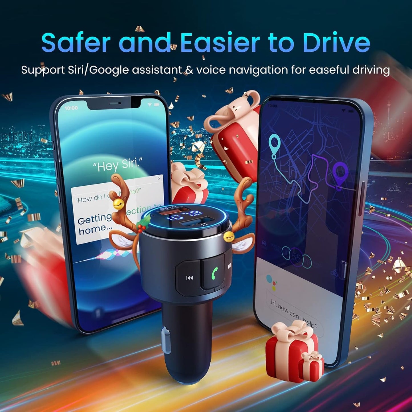 Upgraded V5.3 FM Bluetooth Transmitter, Bluetooth Car Adapter QC3.0 & LED Backlit Wireless FM Radio Adapter Music Player/Car Kit, Siri Google Assistant