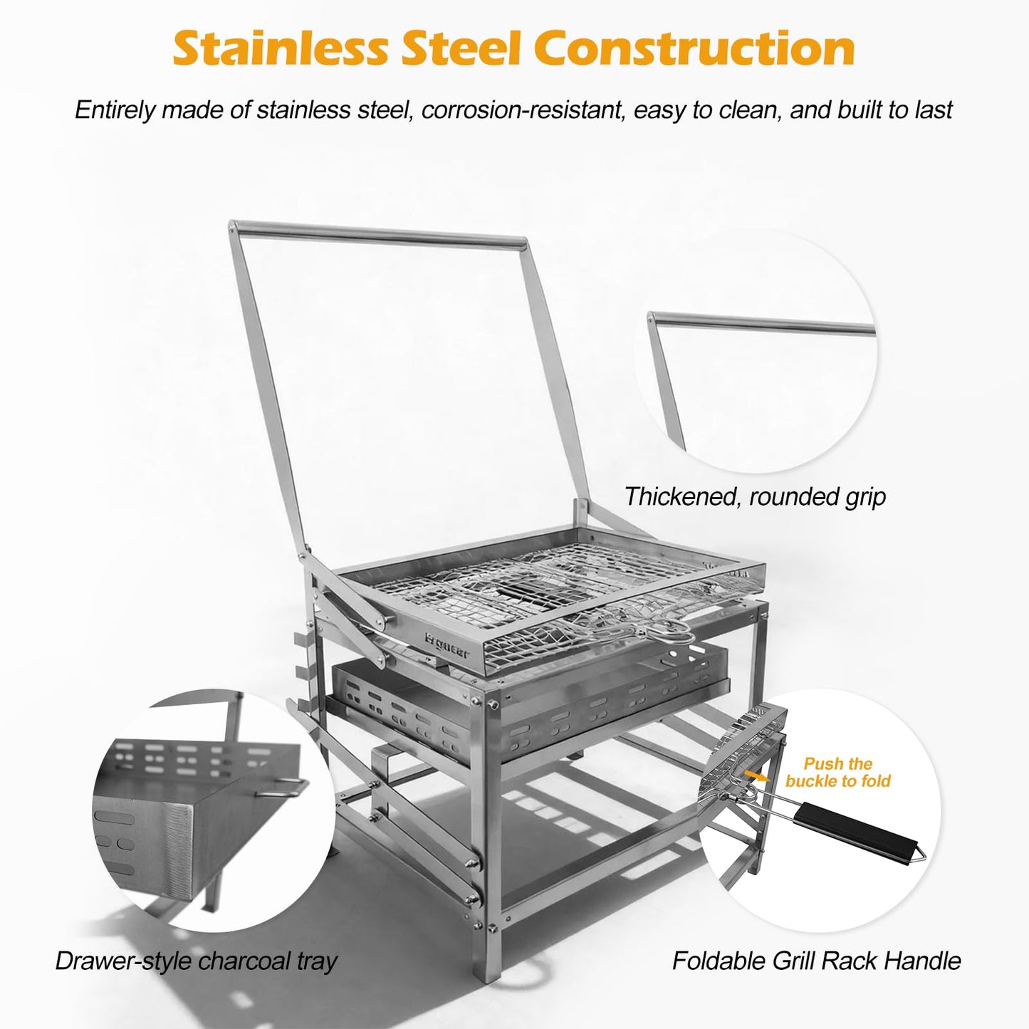 Ergocar Charcoal Grill Outdoor Multi-Function Portable Rotatable Adjustable Height 4-Tier Charcoal Tray Ideal For Outdoor Smoking, Picnics, Camping Barbecues