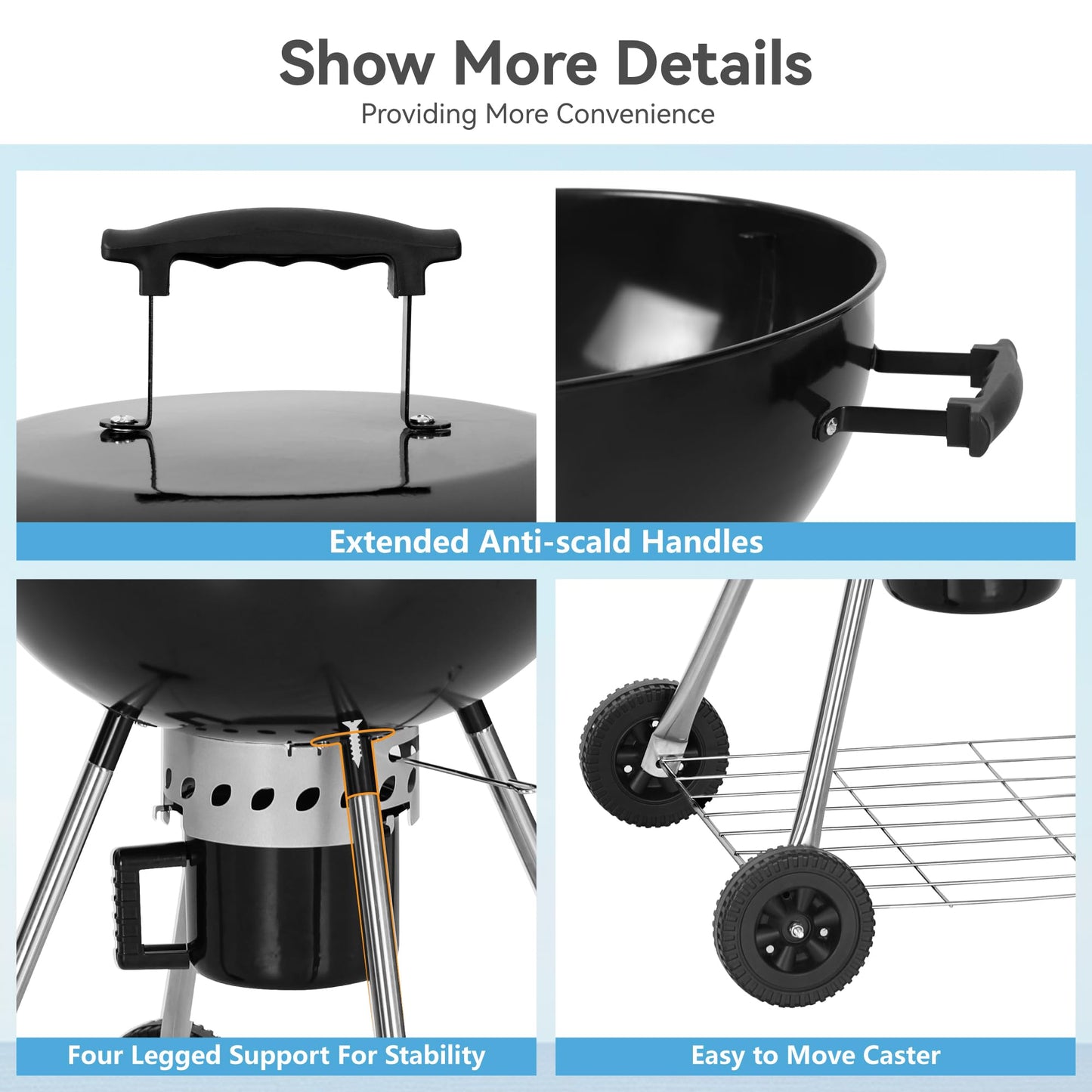 GREEN PARTY 22 inch Kettle Charcoal BBQ Grill with Wheels, Portable Charcoal Grill with Porcelain-Enameled Lid & Ash Catcher for Outdoor Cooking Barbecue Camping Picnics Tailgating, Black