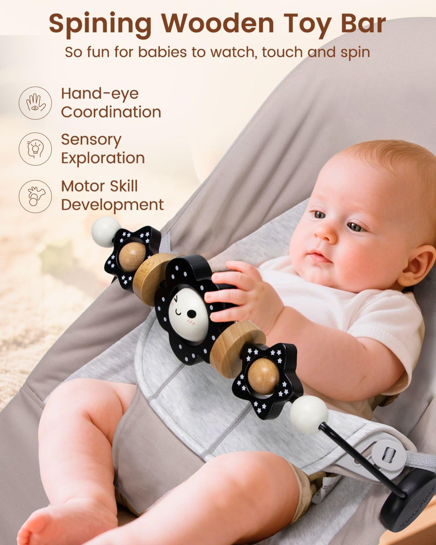 TinlyFinly Baby Bouncer Toy Bar Wooden Compatible with Baby Bjorn Bouncers, Bouncer Toy Attachment Tight and Secure Fit, So Fun to Watch, Touch and Spin for Babies All Ages (Black and White Flower)