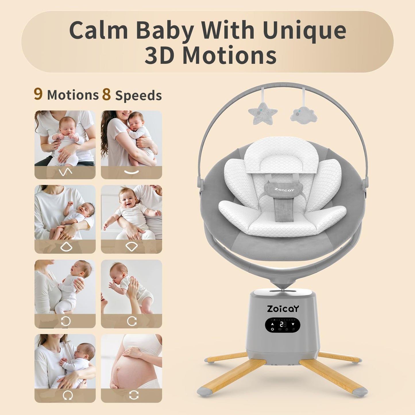 Baby Swings for Infants, Zoicay Electric 3D-Motion Baby Swing with 9 Modes & 8 Speeds, 360° Rotating Seat, APP & Remote Control, 6 Lullabies, Portable Infant Swing for Indoor and Outdoor(Gray)
