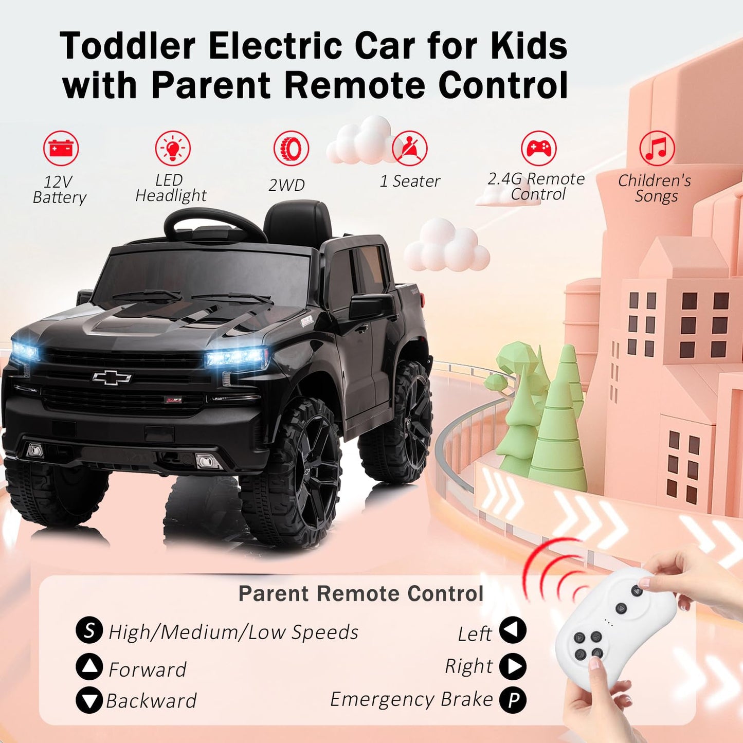 YKUNIR Kids Ride on Electric Vehicles Truck Car 12V Battery 4 Power Wheel Toy Cars for Age 1-3-5-8 Baby Toddler to Drive with Remote Control Chevrolet Silverado Pickup Kid Car for Boys Girls (Black)