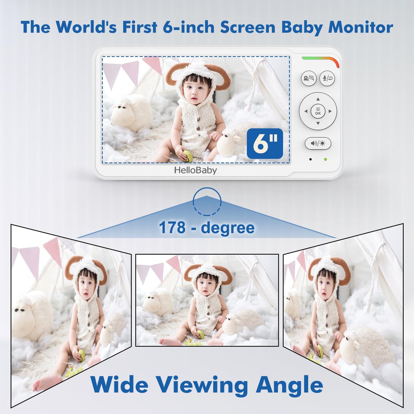 HelloBaby World's First 6" IPS Split Screen Baby Monitor with 2 Cameras - No WiFi, 30hr Battery, 355° Pan-Tilt, Night Vision, 1000ft, Portable Travel Video Audio Monitors with Temp Alert/Lullabies/VOX